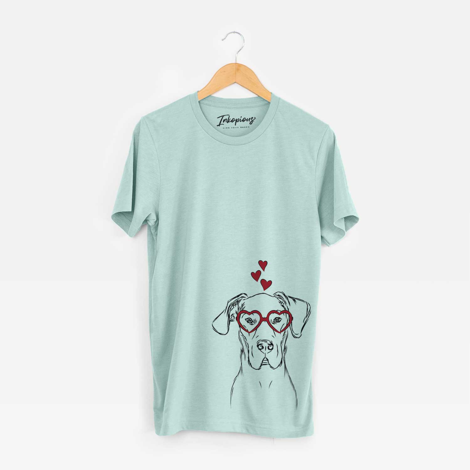 Hand-drawn sketch of Harvey the Great Dane wearing heart-shaped glasses on a Heather Sage Bella Canvas Unisex Crewneck