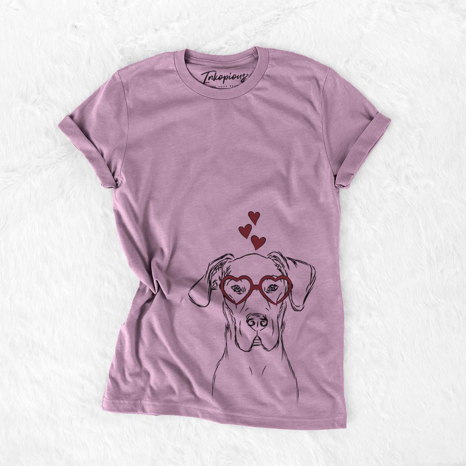 Hand-drawn sketch of Harvey the Great Dane wearing heart-shaped glasses on an Orchid Bella Canvas Unisex Crewneck