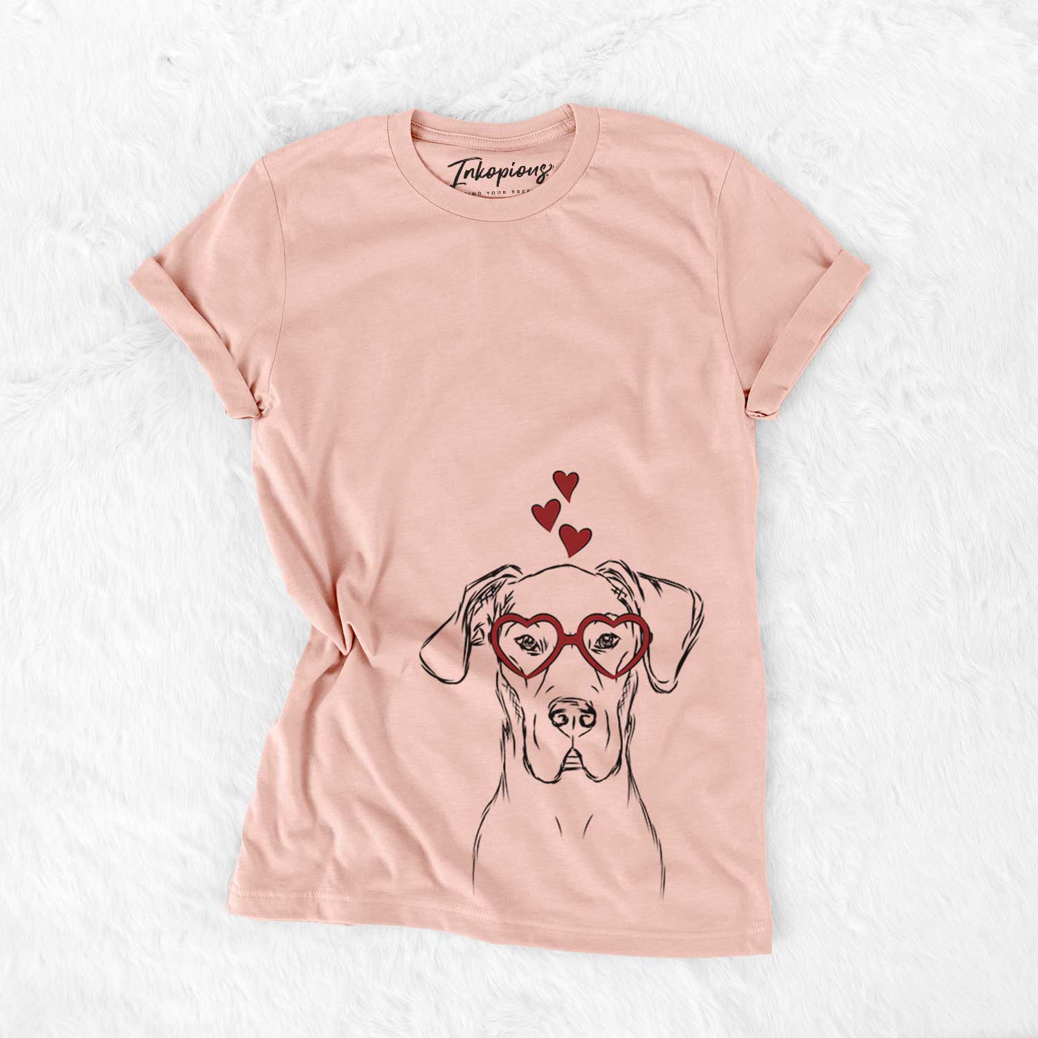 Hand-drawn sketch of Harvey the Great Dane wearing heart-shaped glasses on a Peach Bella Canvas Unisex Crewneck
