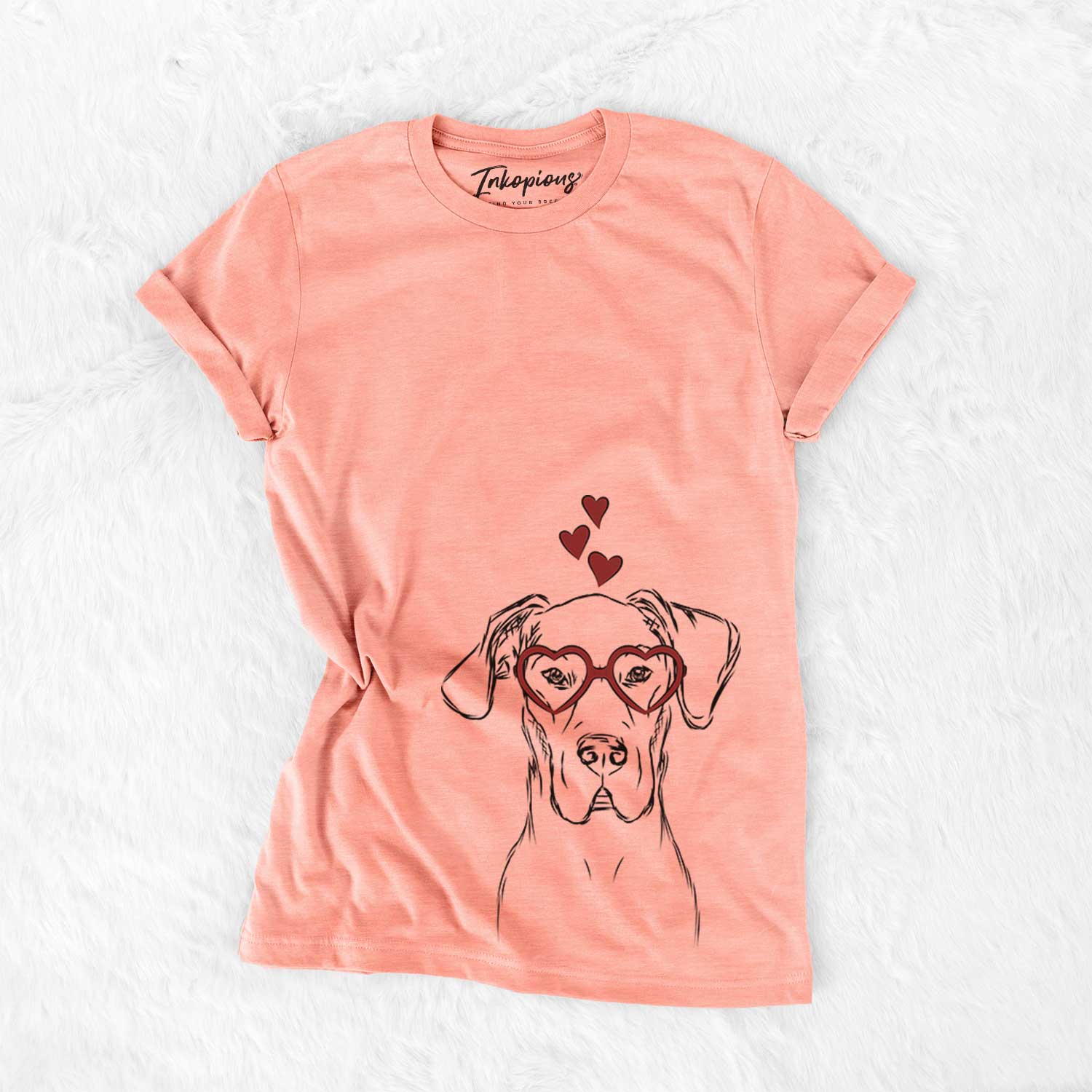 Hand-drawn sketch of Harvey the Great Dane wearing heart-shaped glasses on a Sunset Bella Canvas Unisex Crewneck