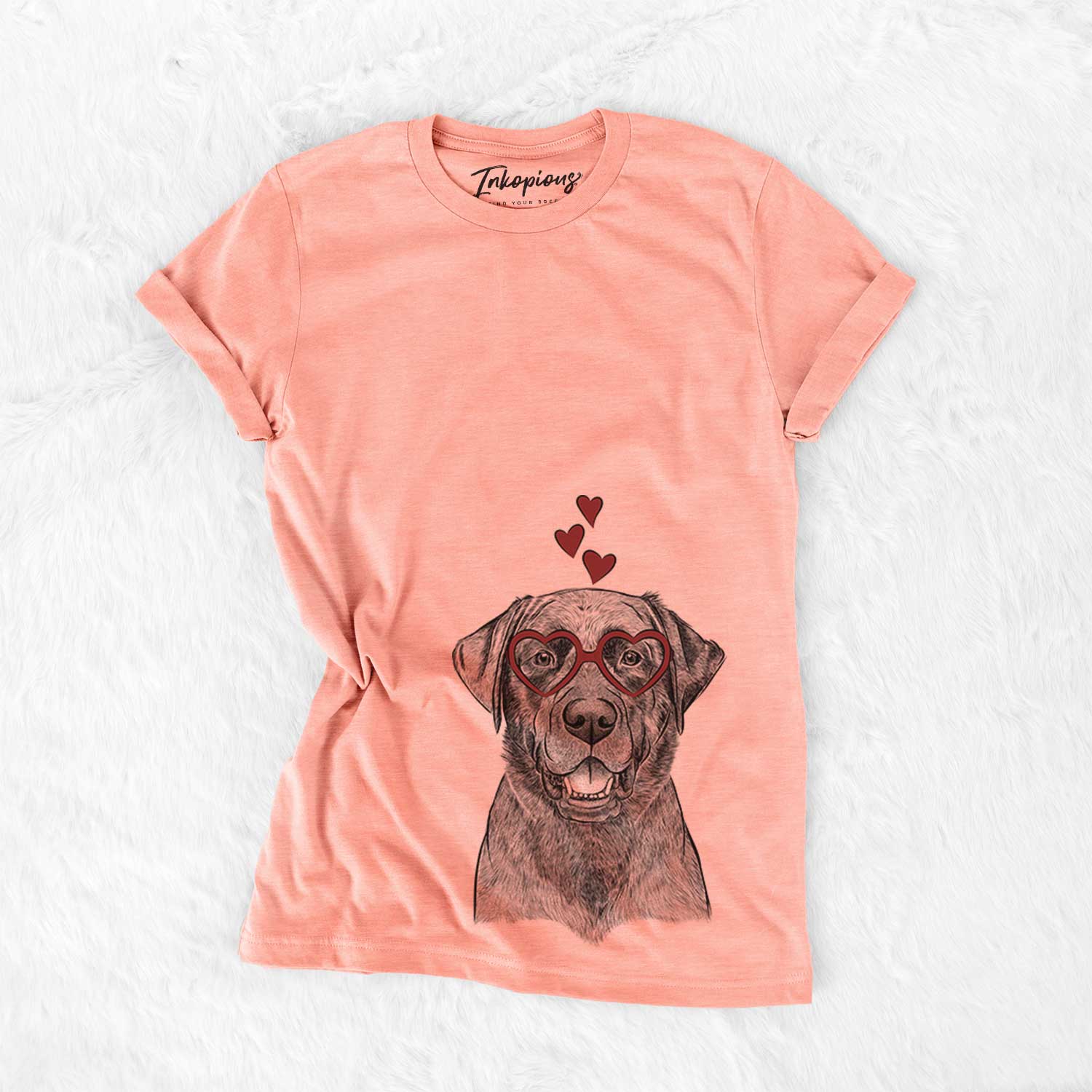 Hand-drawn sketch of Heath the Black Lab wearing heart-shaped glasses on a Sunset Bella Canvas Unisex Crewneck