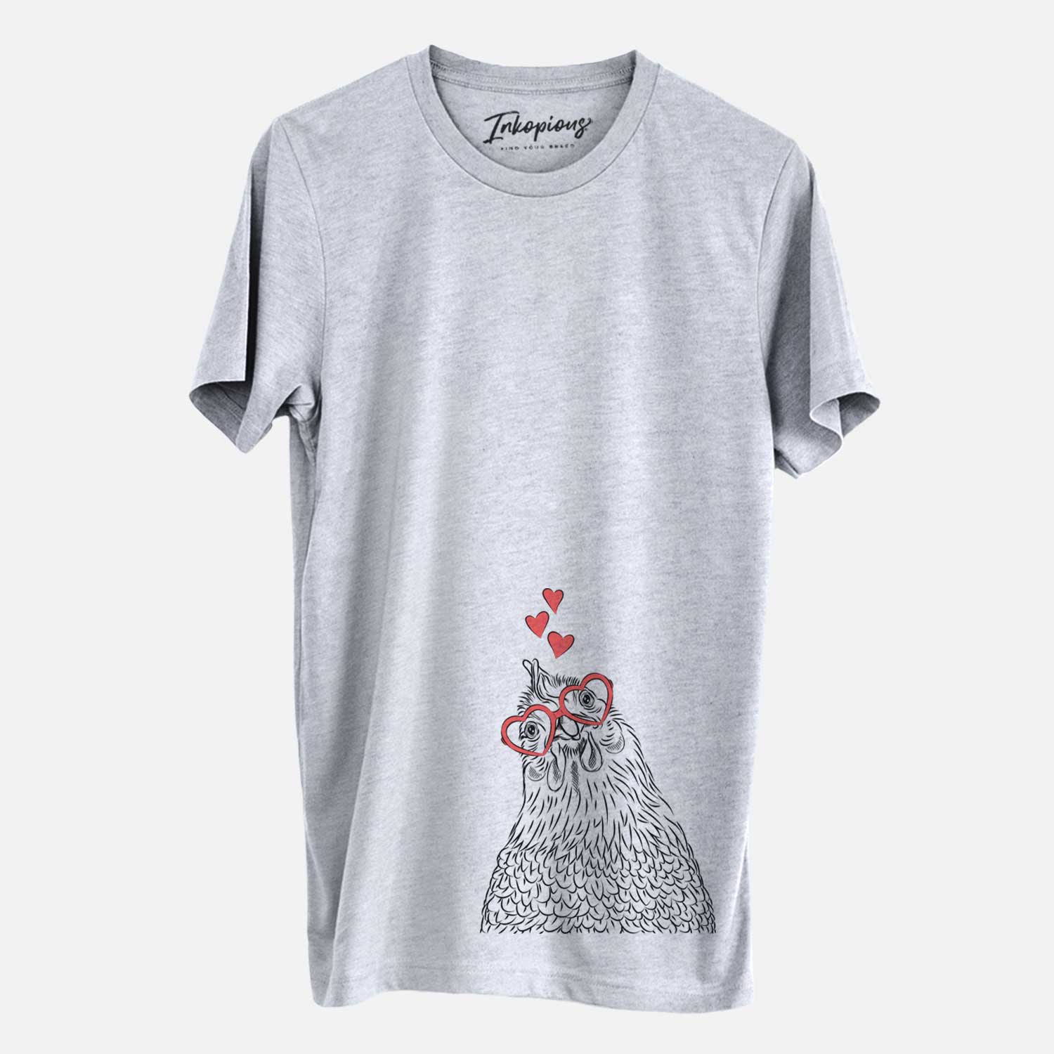 Hand-drawn sketch of Henrietta the Chicken wearing heart-shaped glasses on a Grey Unisex crewneck