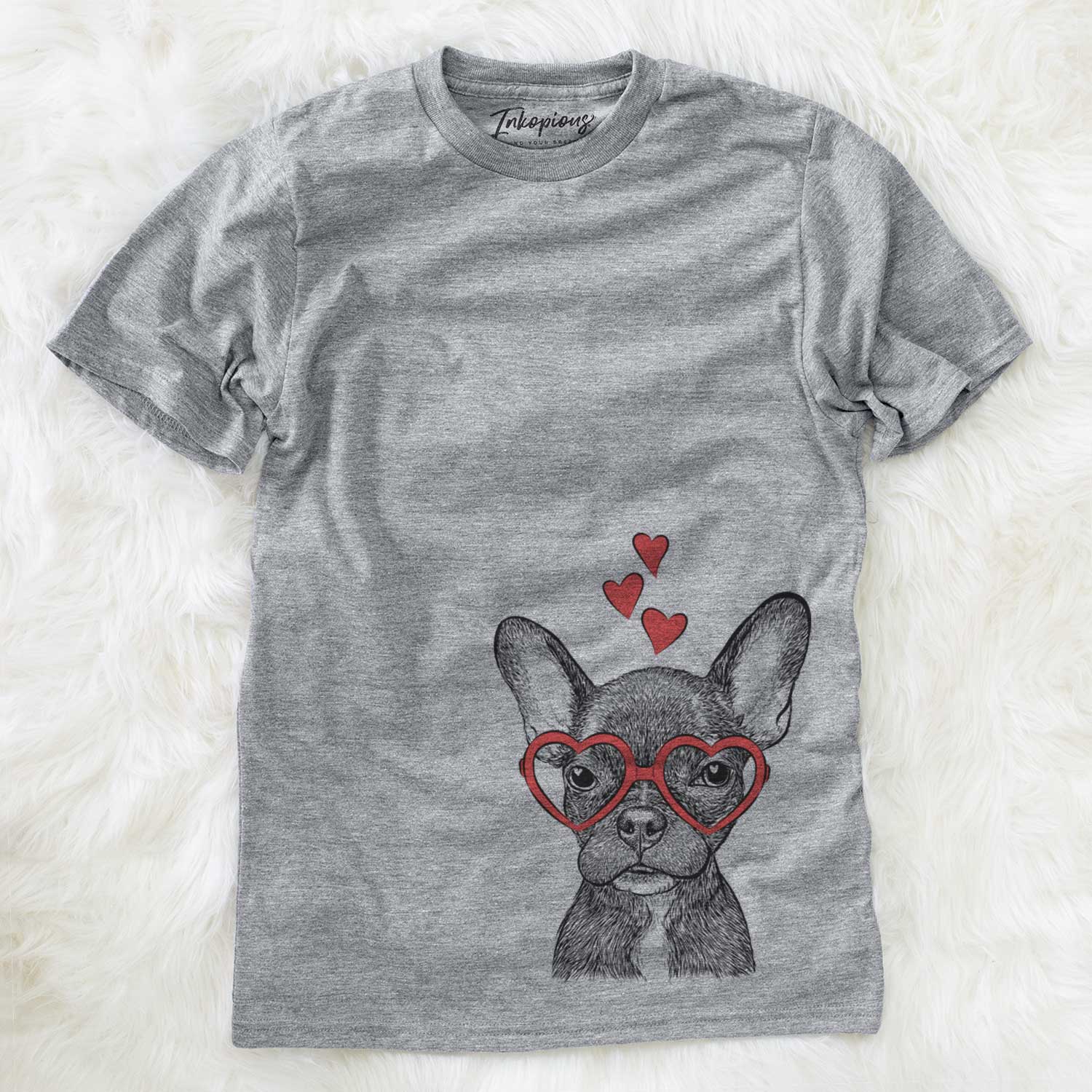 Hand-drawn sketch of Henry the French Bulldog wearing heart-shaped glasses on a Grey Unisex crewneck