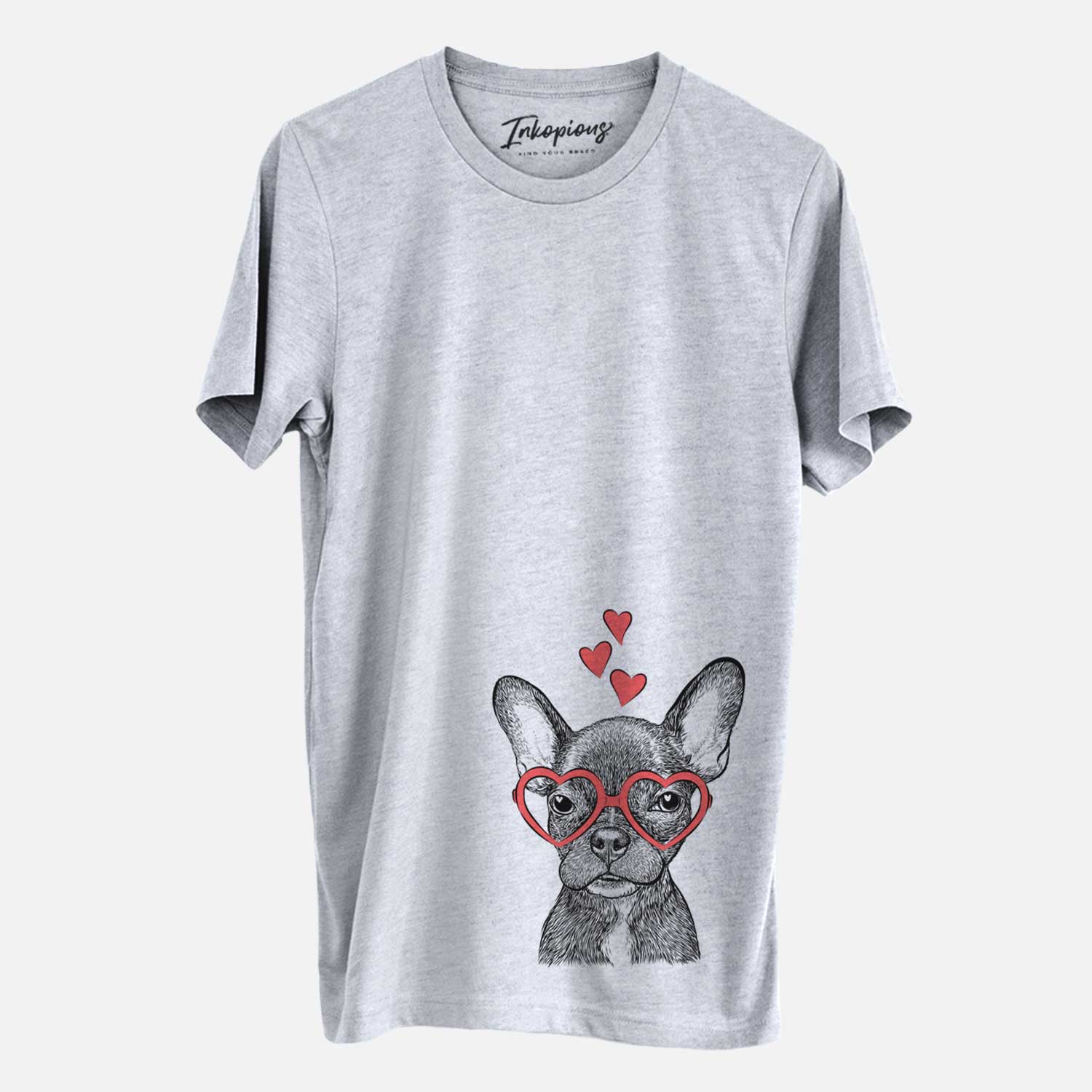 Hand-drawn sketch of Henry the French Bulldog wearing heart-shaped glasses on a Grey Unisex crewneck