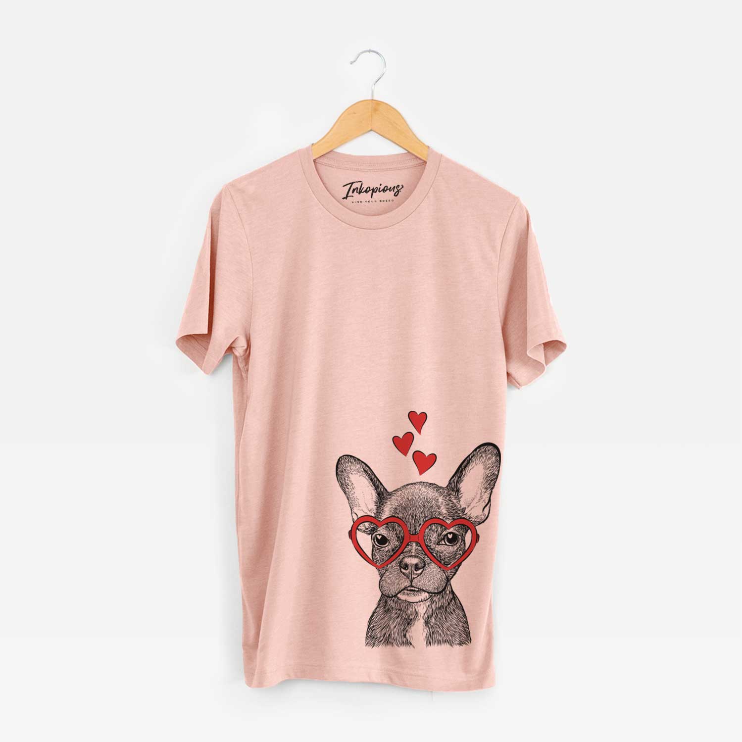 Hand-drawn sketch of Henry the French Bulldog wearing heart-shaped glasses on a Peach Unisex crewneck