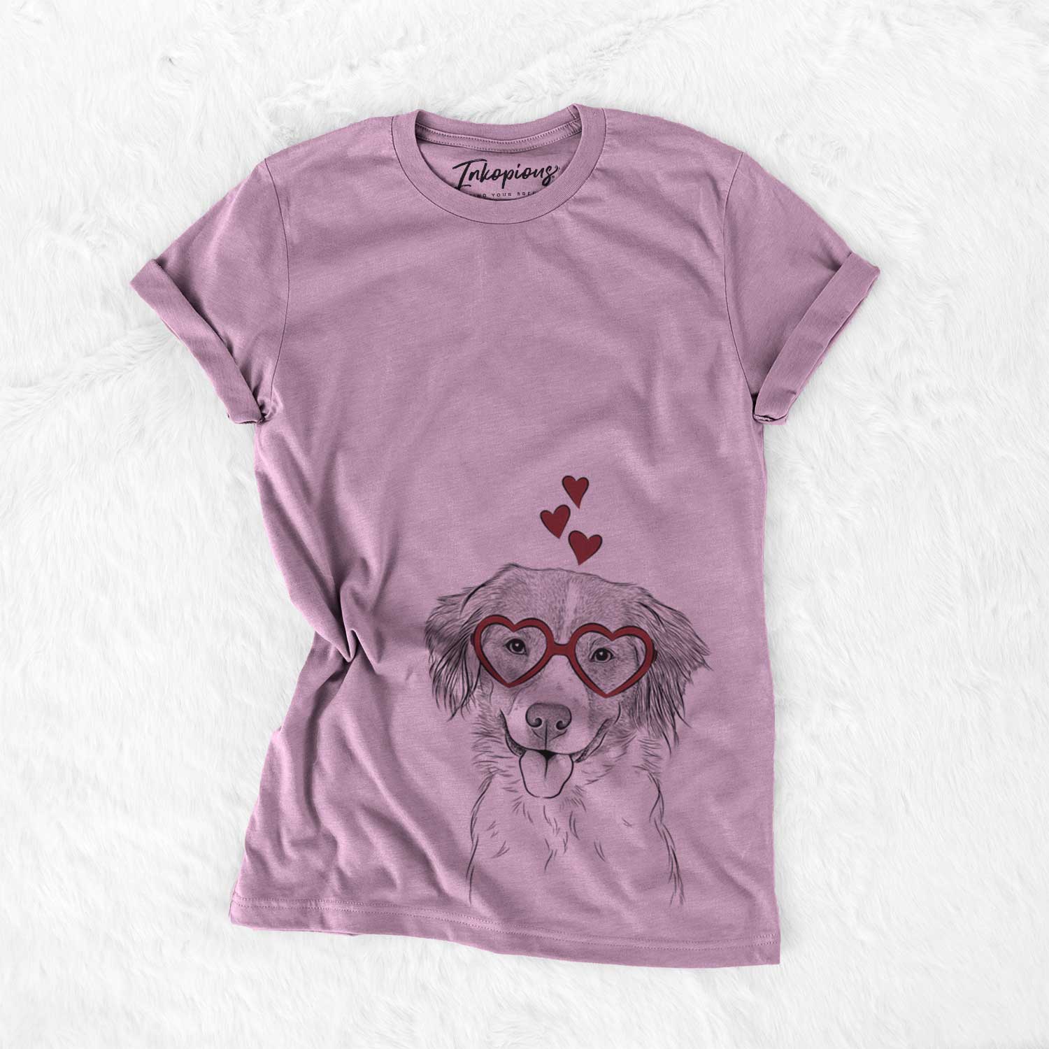 Hand-drawn sketch of Hercules the Nederlandse Kooikerhondje wearing heart-shaped glasses on an Orchid Bella Canvas Unisex Crewneck