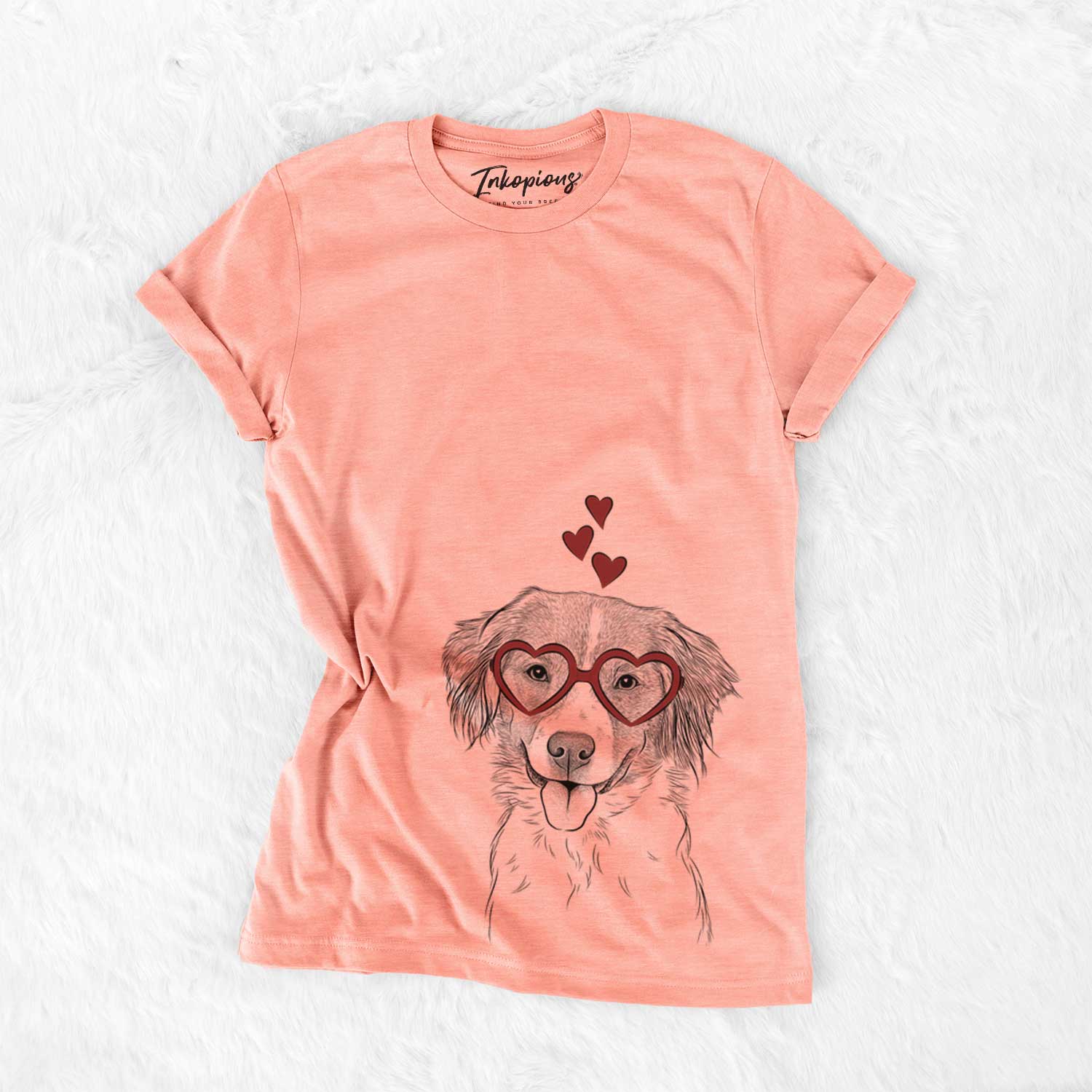 Hand-drawn sketch of Hercules the Nederlandse Kooikerhondje wearing heart-shaped glasses on a Sunset Bella Canvas Unisex Crewneck