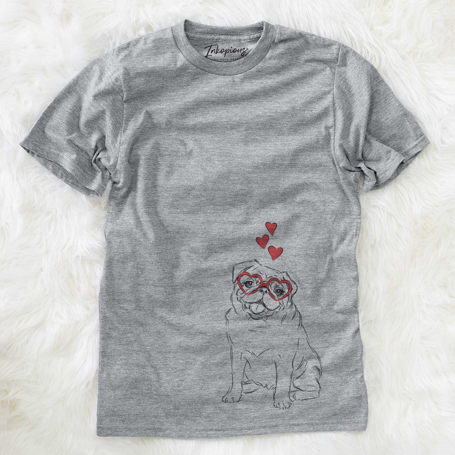 Hand-drawn sketch of Higgins the Pug wearing heart-shaped glasses on a Grey Unisex crewneck