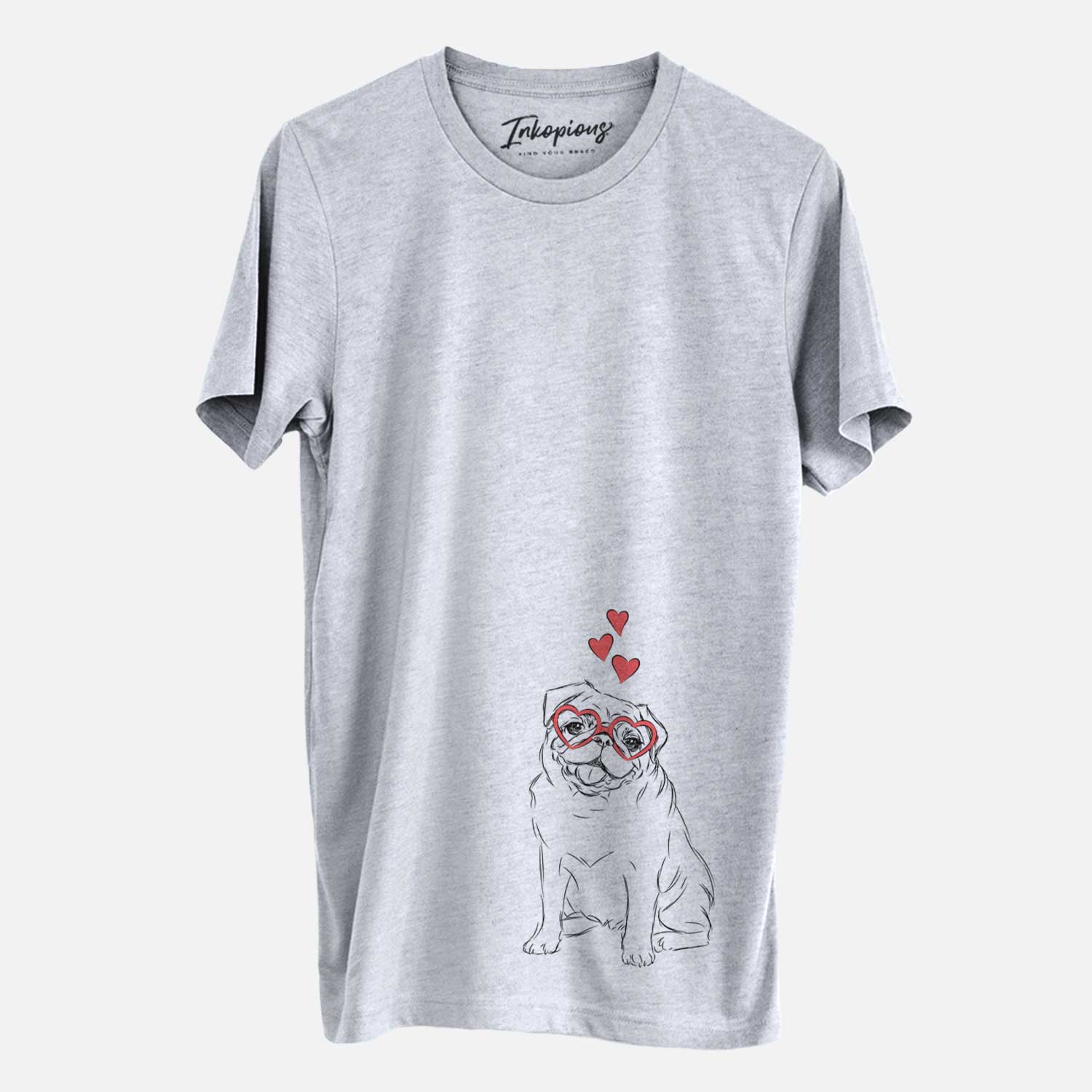 Hand-drawn sketch of Higgins the Pug wearing heart-shaped glasses on a Grey Unisex crewneck