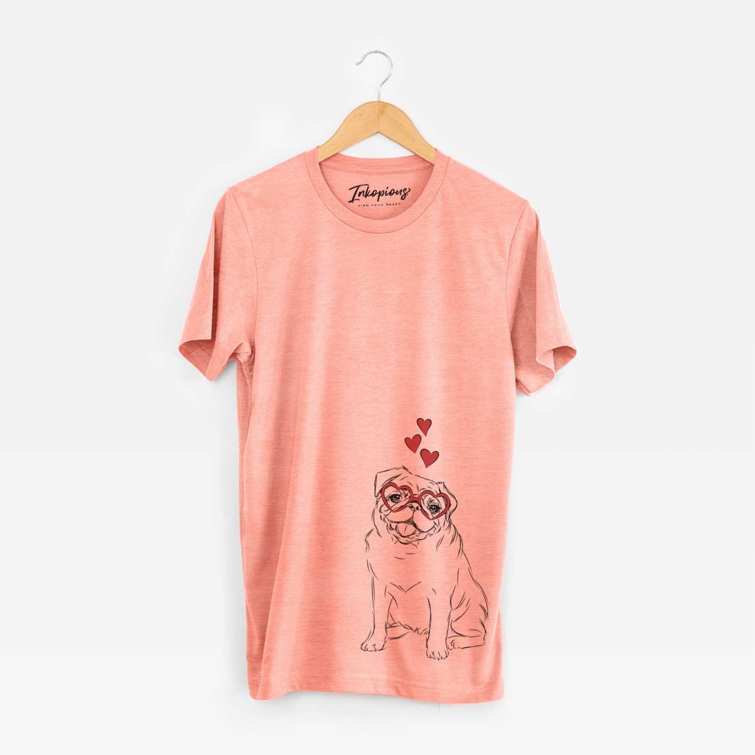 Hand-drawn sketch of Higgins the Pug wearing heart-shaped glasses on a Sunset Unisex crewneck