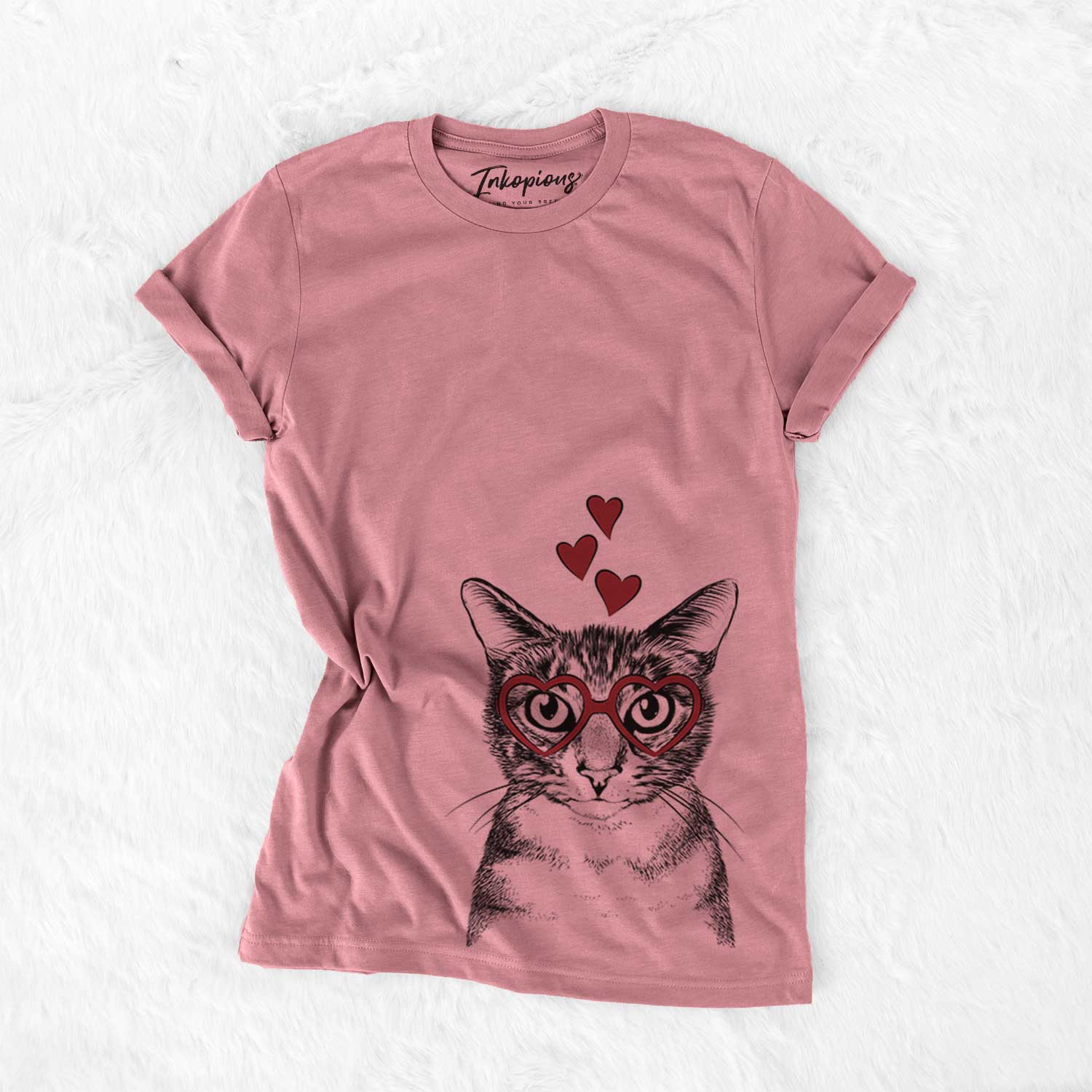 Hand-drawn sketch of Hobbes the Tabby Cat wearing heart-shaped glasses on a Mauve Bella Canvas Unisex Crewneck
