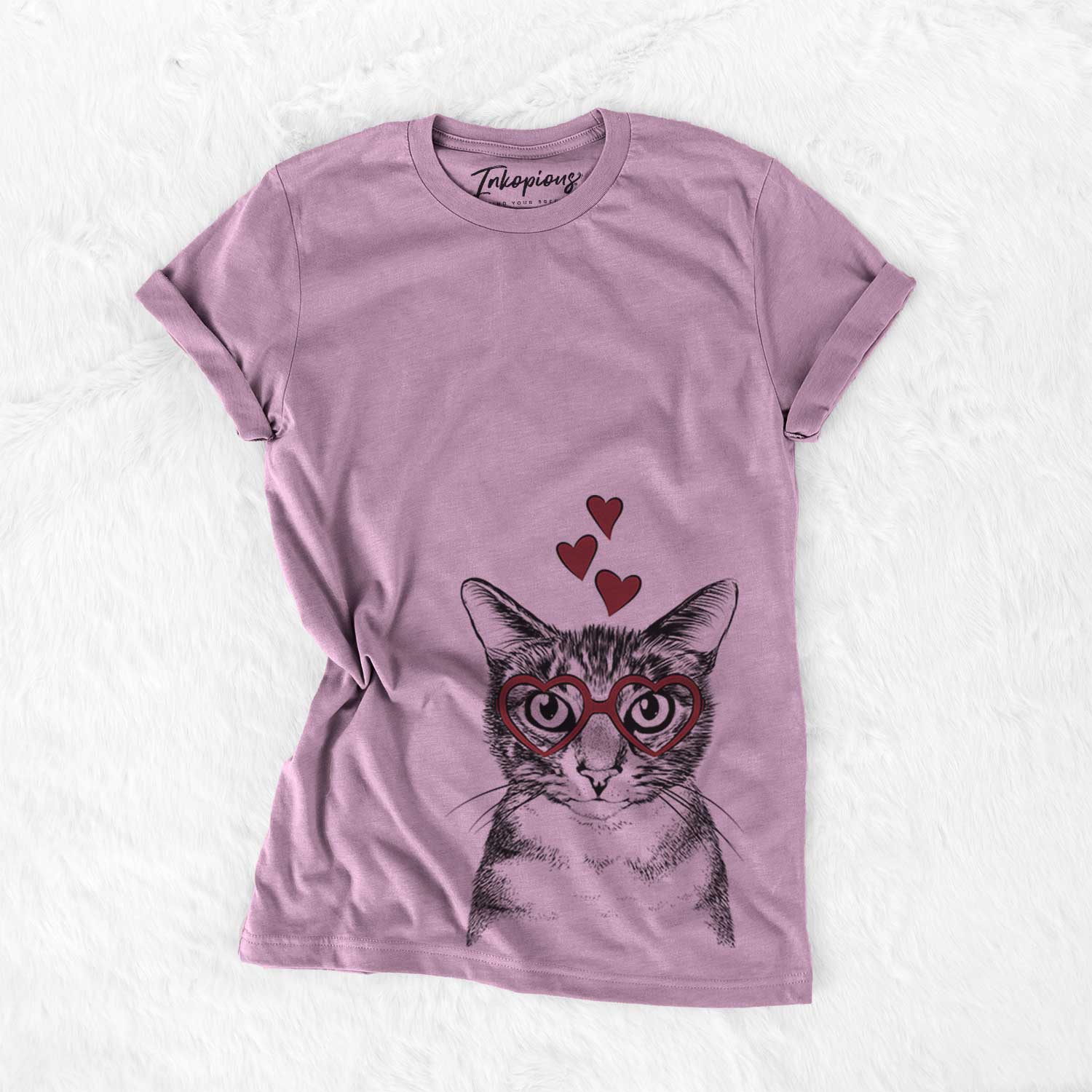 Hand-drawn sketch of Hobbes the Tabby Cat wearing heart-shaped glasses on an Orchid Bella Canvas Unisex Crewneck