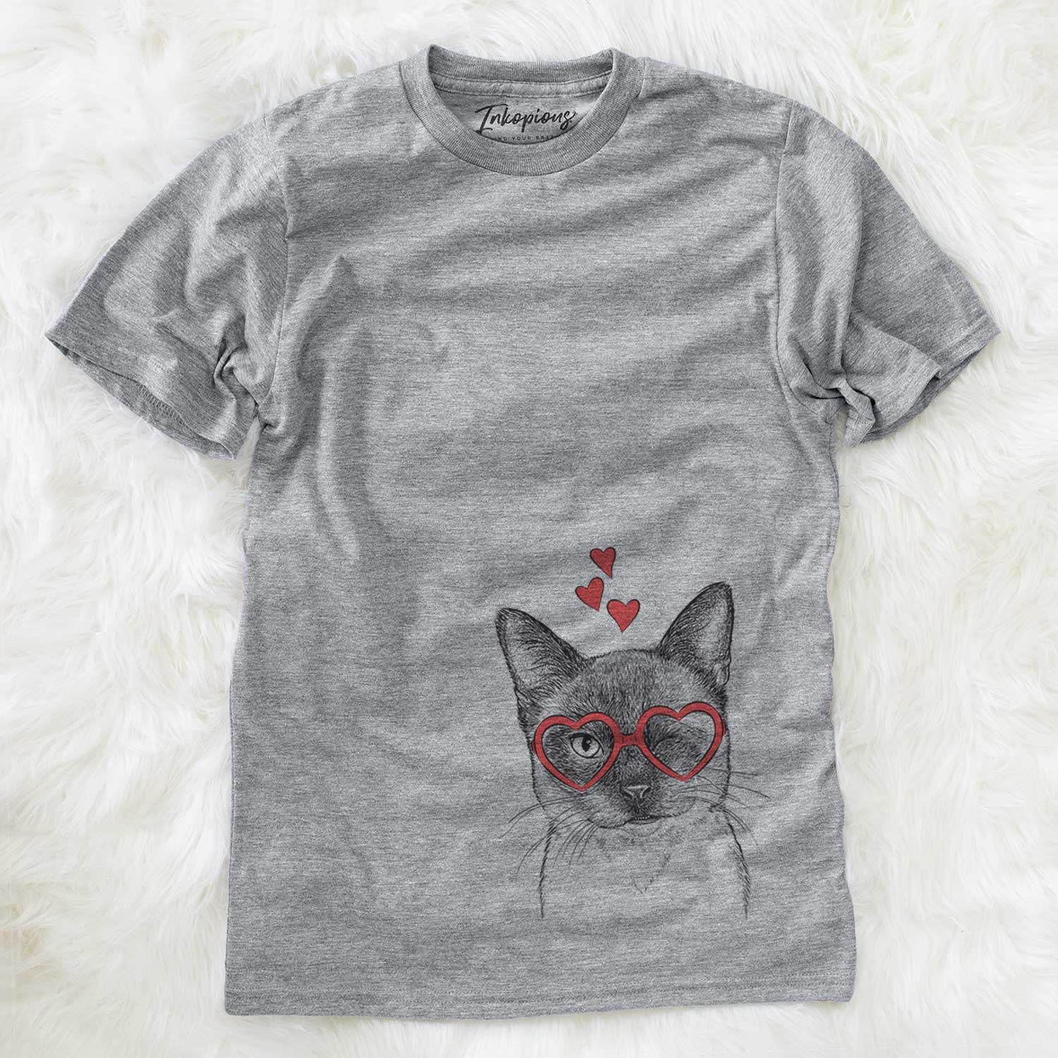 Hand-drawn sketch of Hoggle the Siamese Cat wearing heart-shaped glasses on a Grey Unisex crewneck