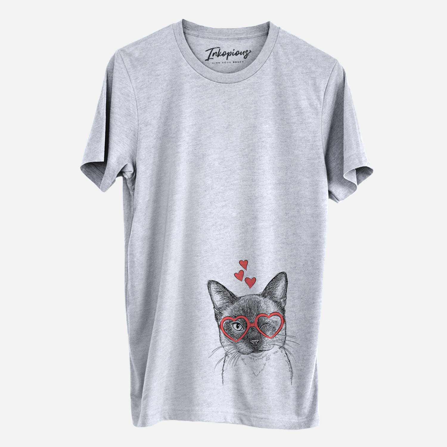 Hand-drawn sketch of Hoggle the Siamese Cat wearing heart-shaped glasses on a Grey Unisex crewneck