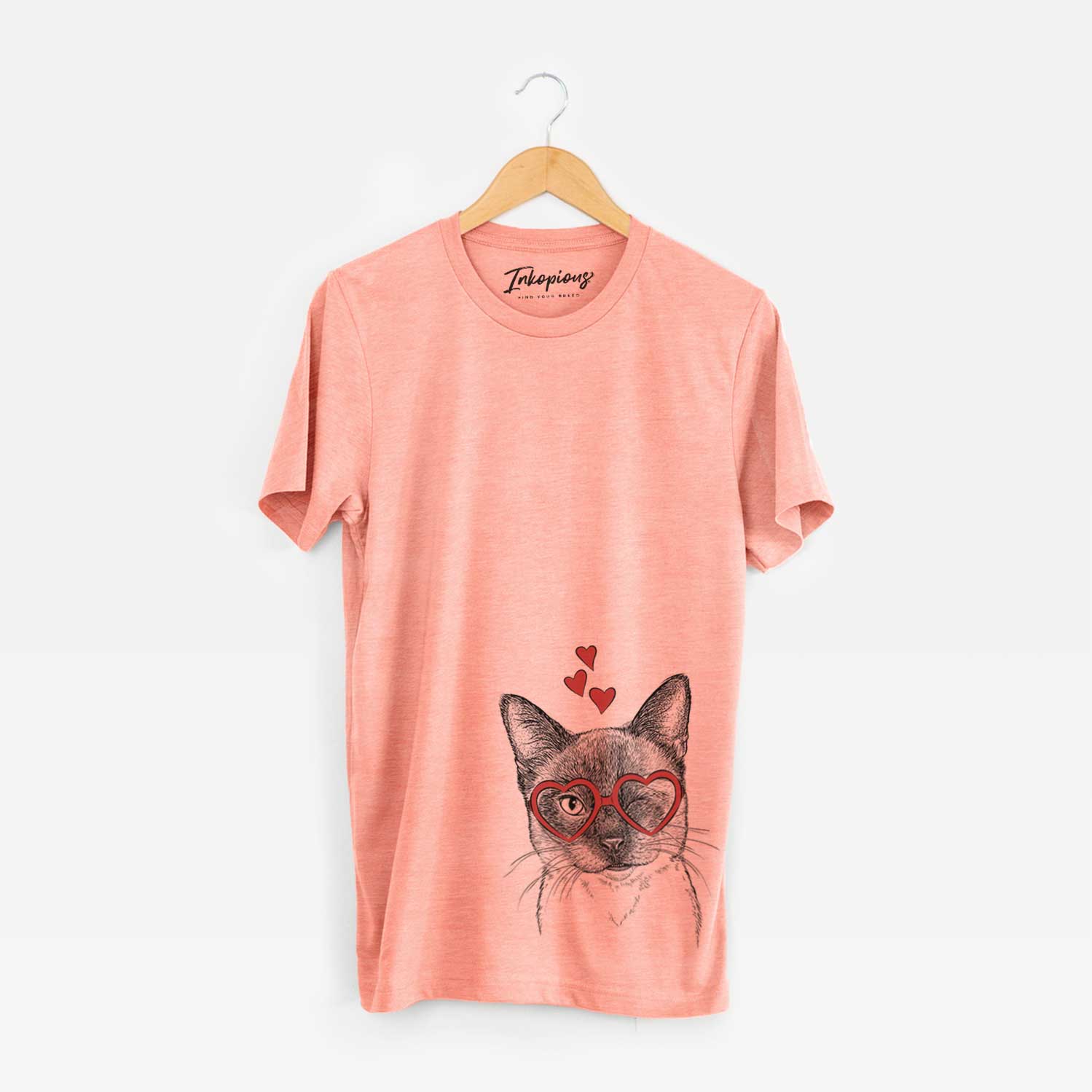 Hand-drawn sketch of Hoggle the Siamese Cat wearing heart-shaped glasses on a Sunset Unisex crewneck