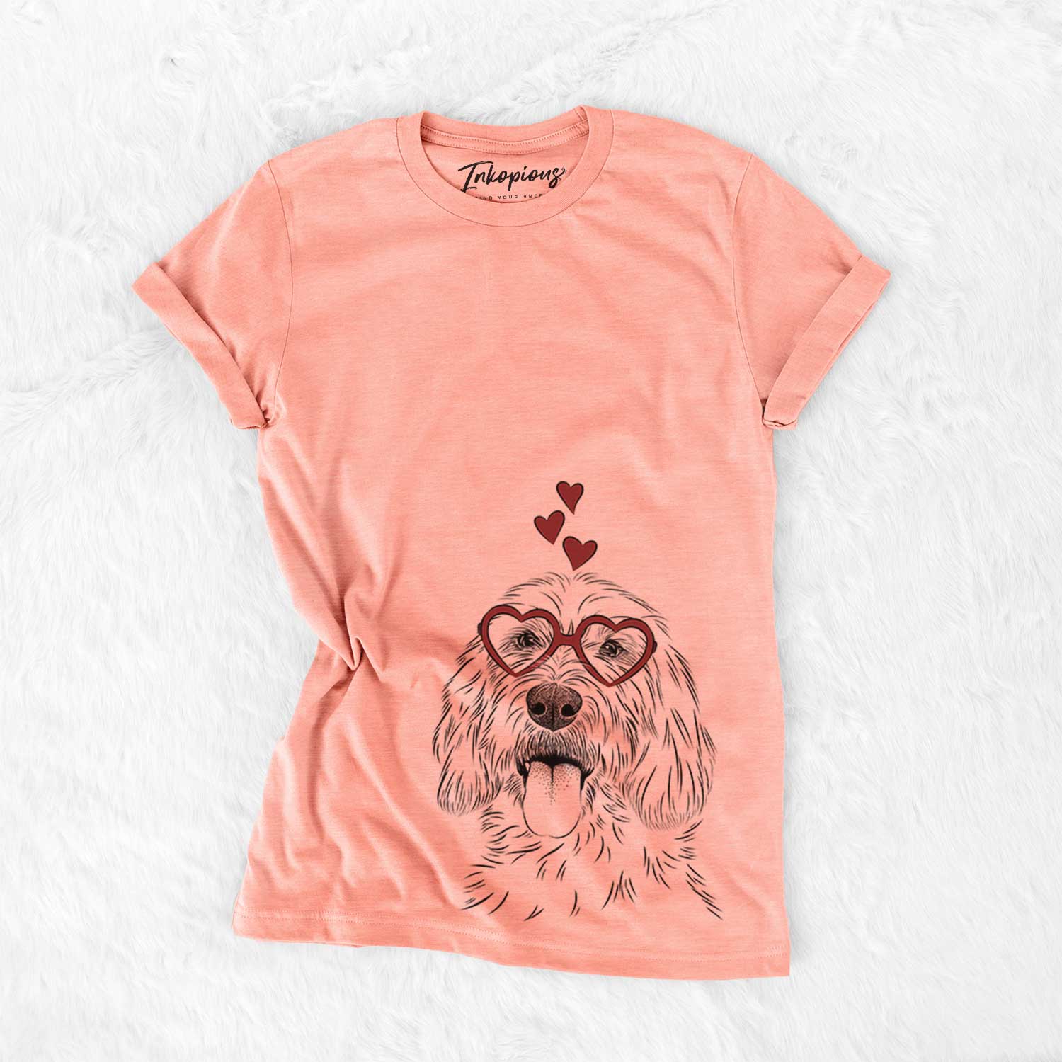 Hand-drawn sketch of Homer the Grand Basset Griffon Vendeen wearing heart-shaped glasses on a Sunset Bella Canvas Unisex Crewneck