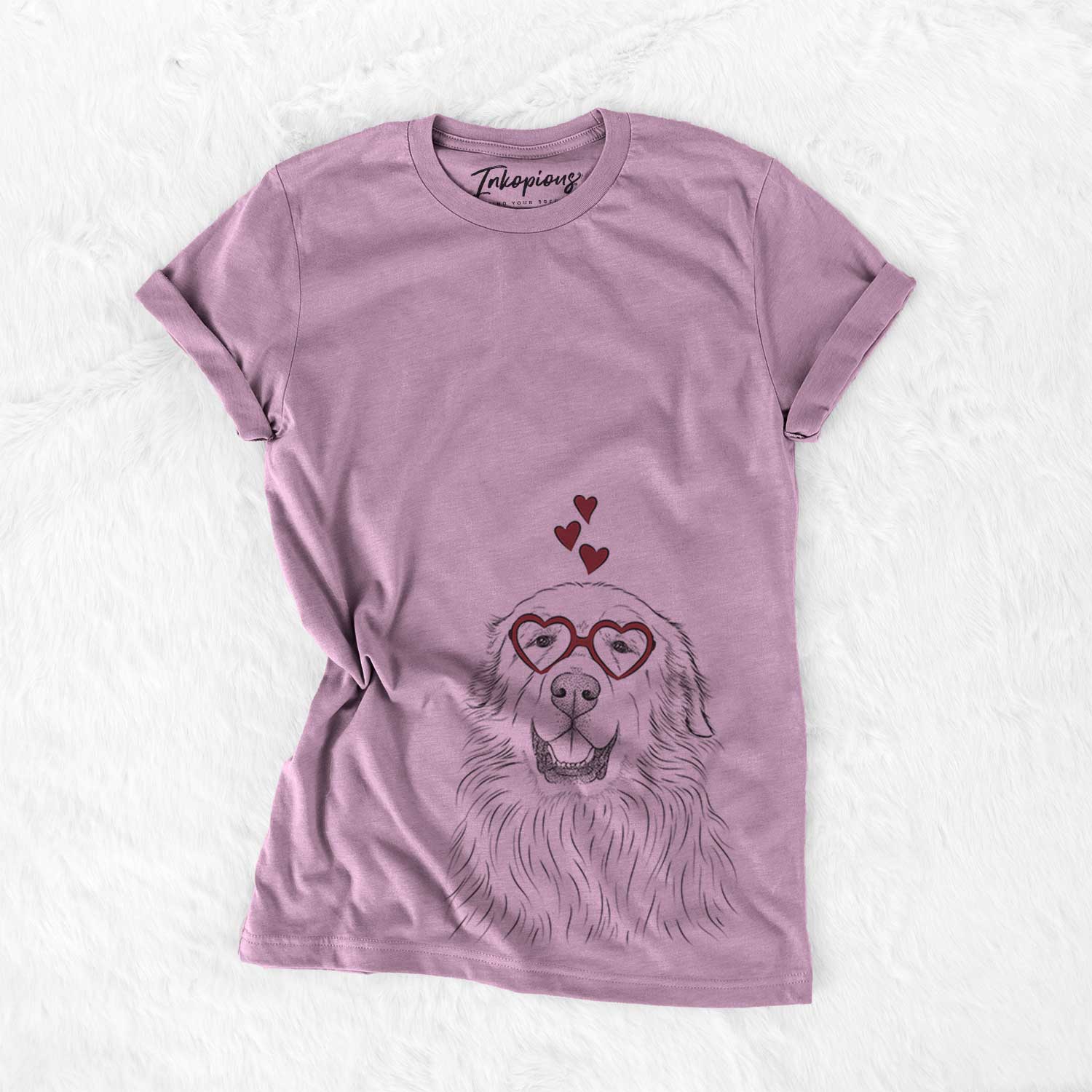 Hand-drawn sketch of Horton the Great Pyrenees wearing heart-shaped glasses on an Orchid Bella Canvas Unisex Crewneck