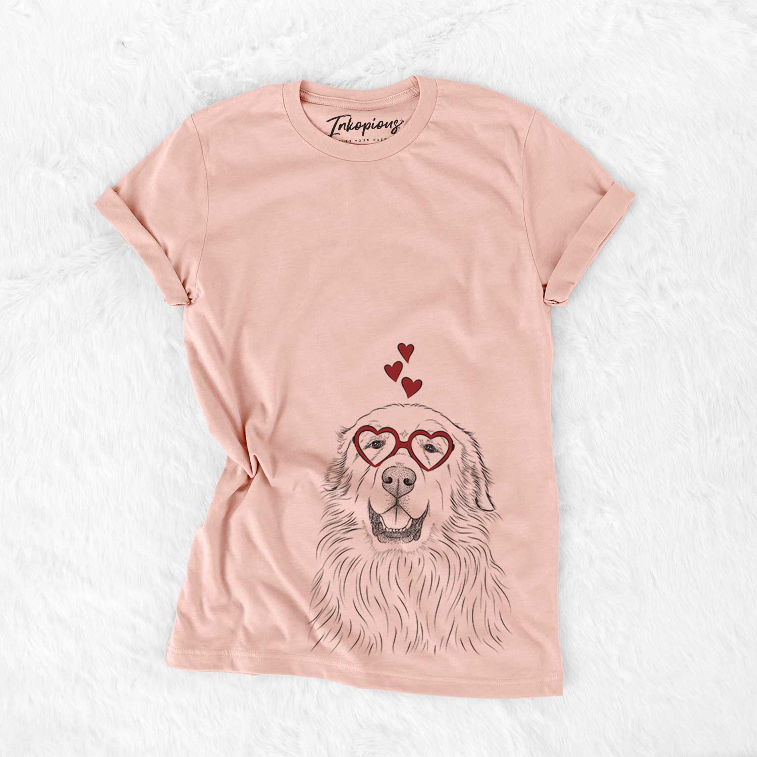 Hand-drawn sketch of Horton the Great Pyrenees wearing heart-shaped glasses on a Peach Bella Canvas Unisex Crewneck