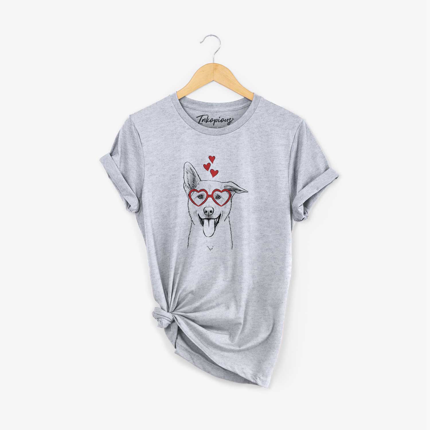 Hand-drawn sketch of Hoya the Korean Jindo wearing heart-shaped glasses on a Grey Unisex crewneck