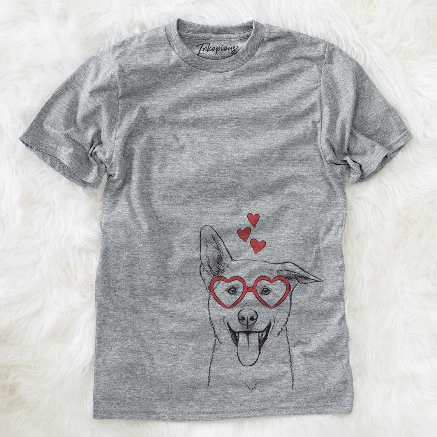 Hand-drawn sketch of Hoya the Korean Jindo wearing heart-shaped glasses on a Grey Unisex crewneck
