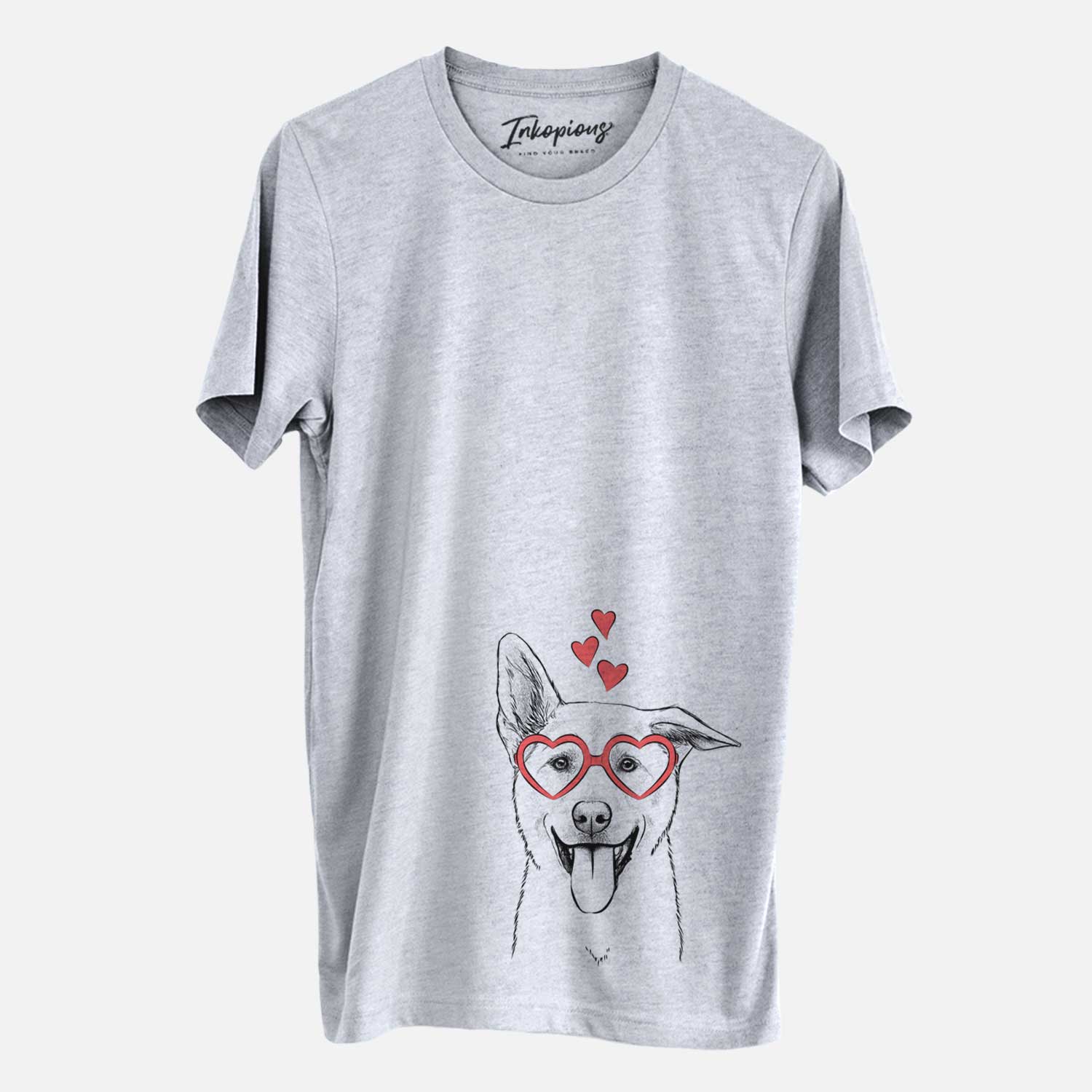 Hand-drawn sketch of Hoya the Korean Jindo wearing heart-shaped glasses on a Grey Unisex crewneck