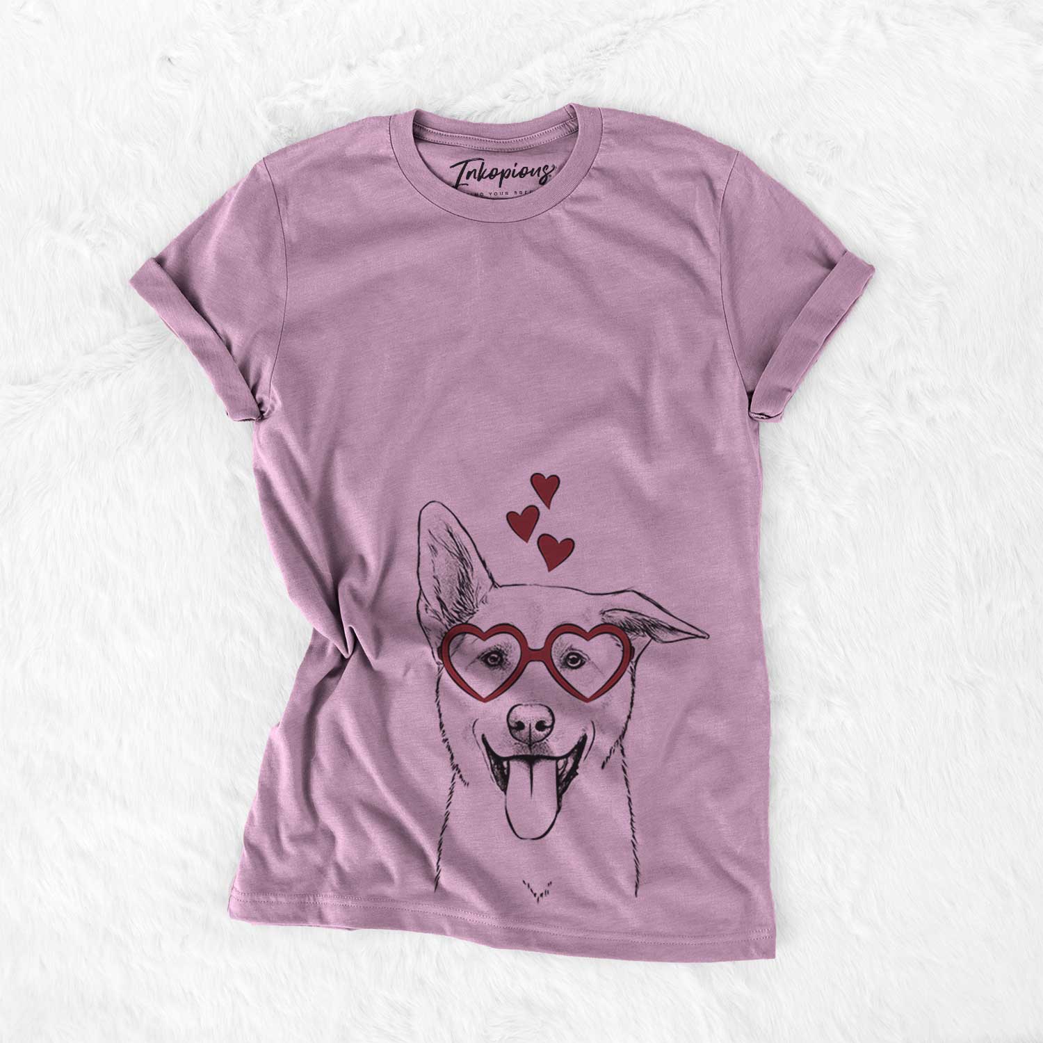 Hand-drawn sketch of Hoya the Korean Jindo wearing heart-shaped glasses on an Orchid Bella Canvas Unisex Crewneck