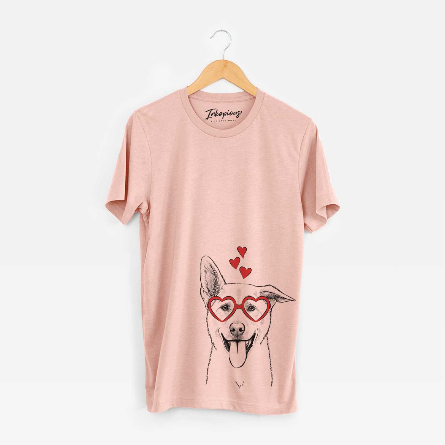 Hand-drawn sketch of Hoya the Korean Jindo wearing heart-shaped glasses on a Peach Unisex crewneck