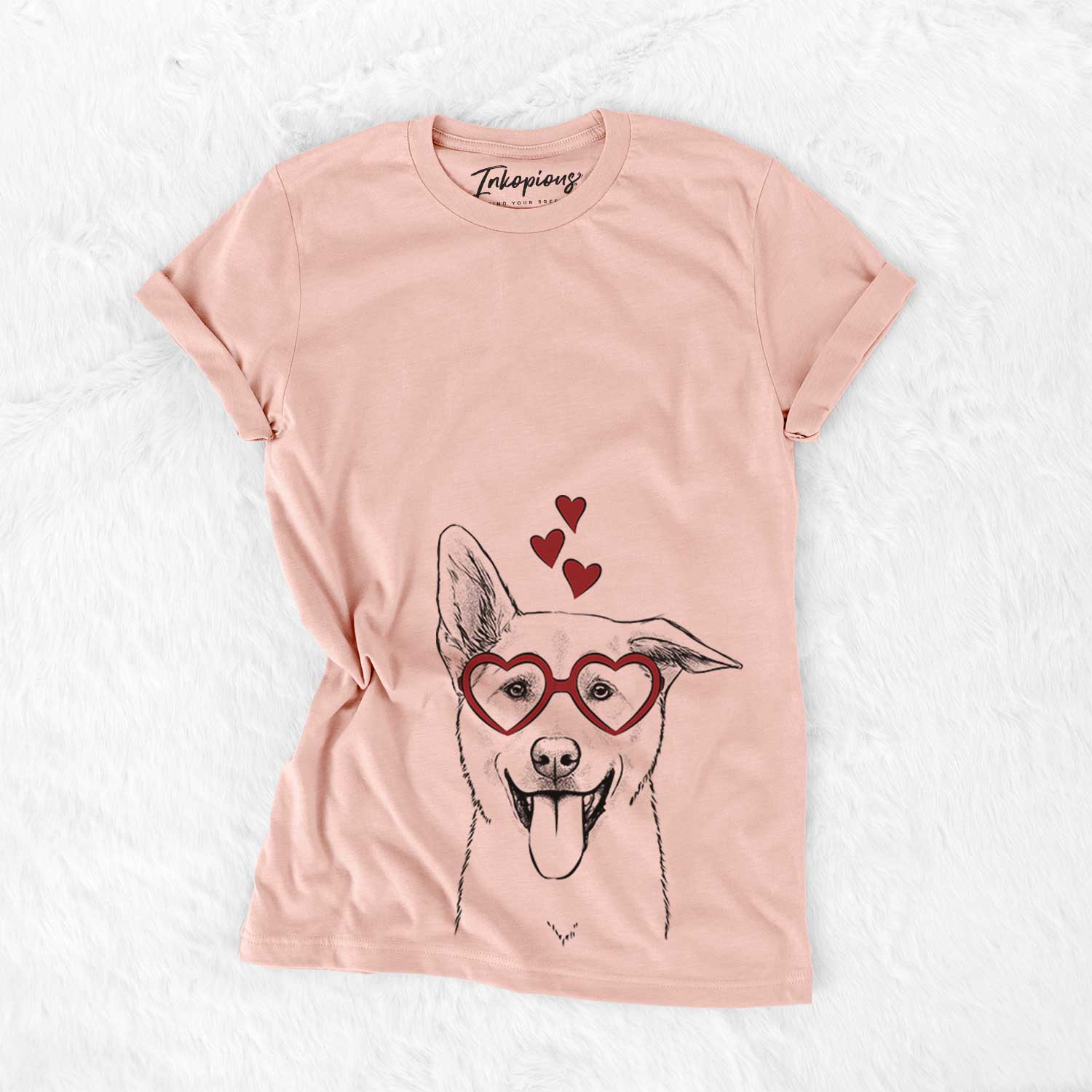 Hand-drawn sketch of Hoya the Korean Jindo wearing heart-shaped glasses on a Peach Bella Canvas Unisex Crewneck