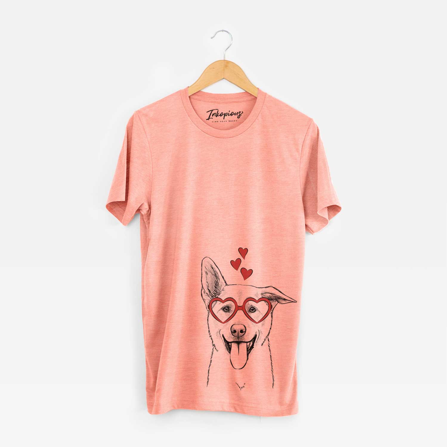 Hand-drawn sketch of Hoya the Korean Jindo wearing heart-shaped glasses on a Sunset Unisex crewneck