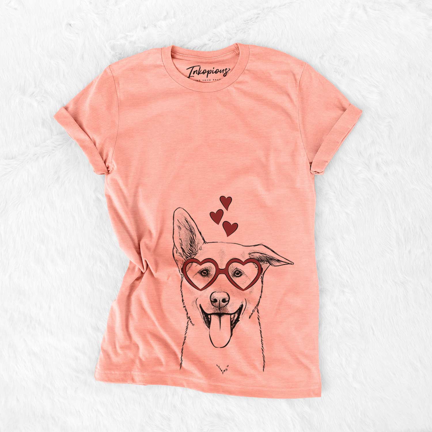 Hand-drawn sketch of Hoya the Korean Jindo wearing heart-shaped glasses on a Sunset Bella Canvas Unisex Crewneck