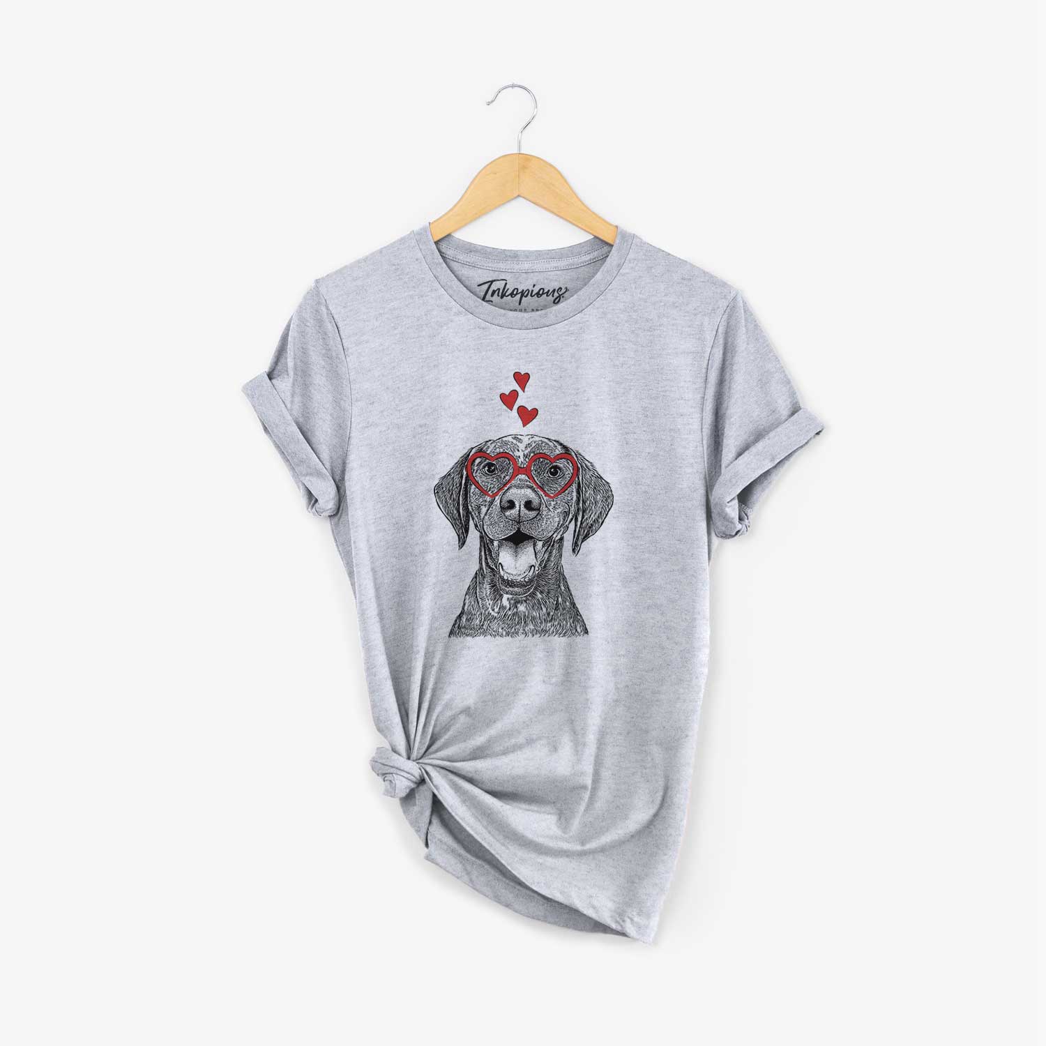 Hand-drawn sketch of Hudson the German Shorthaired Pointer wearing heart-shaped glasses on a Grey Unisex crewneck