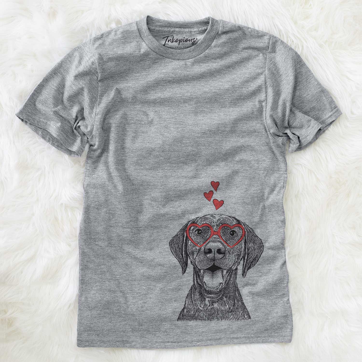 Hand-drawn sketch of Hudson the German Shorthaired Pointer wearing heart-shaped glasses on a Grey Unisex crewneck