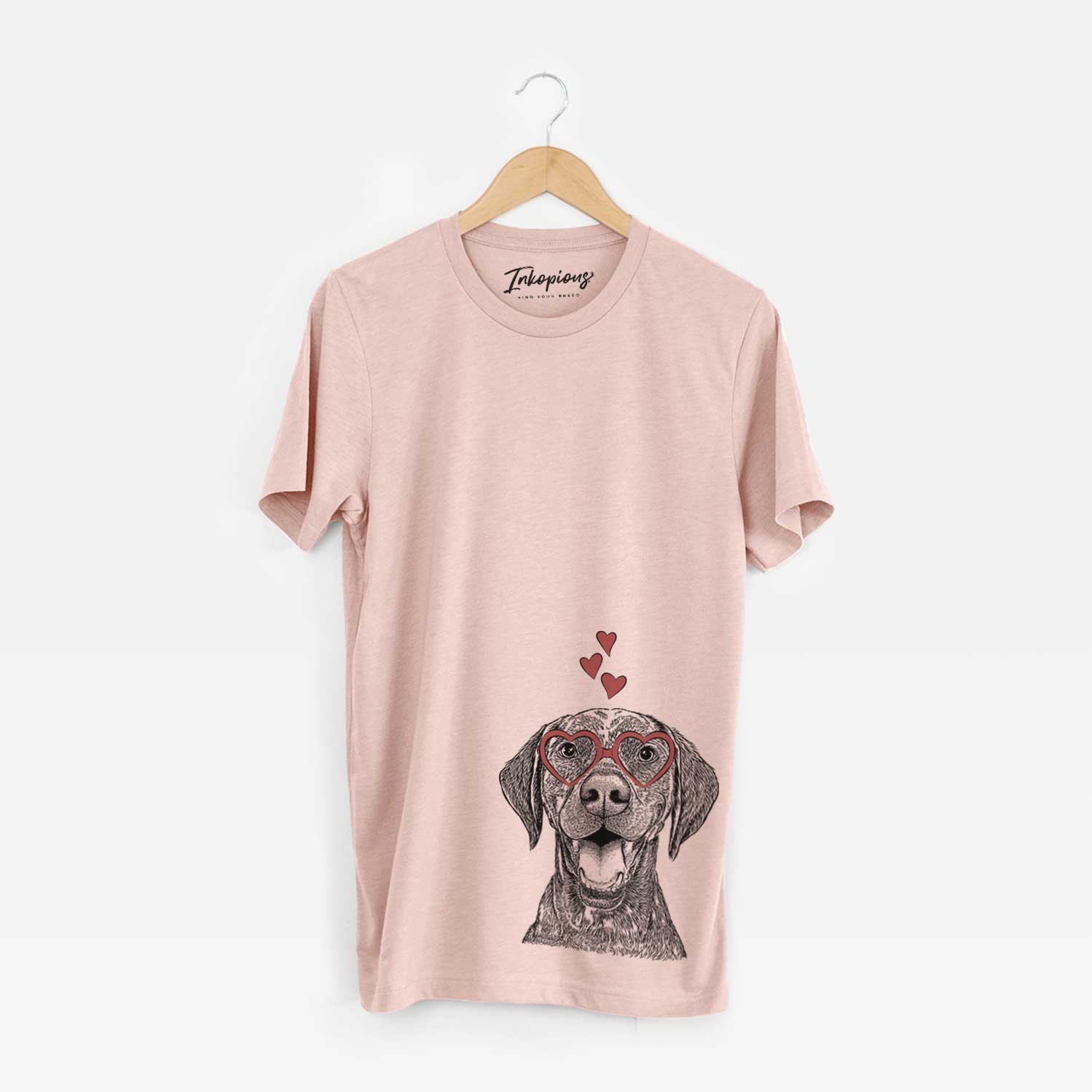 Hand-drawn sketch of Hudson the German Shorthaired Pointer wearing heart-shaped glasses on a Peach Unisex crewneck