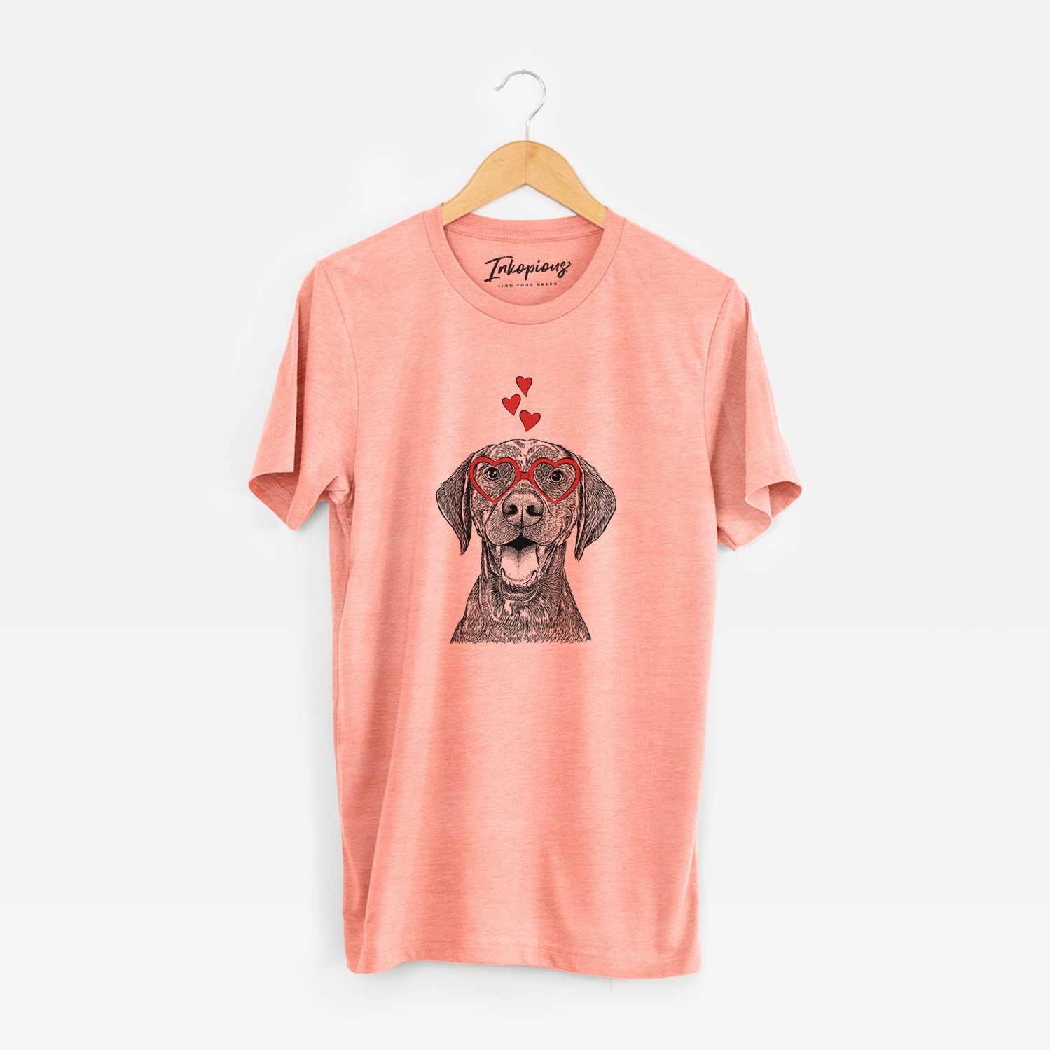 Hand-drawn sketch of Hudson the German Shorthaired Pointer wearing heart-shaped glasses on a Sunset Unisex crewneck