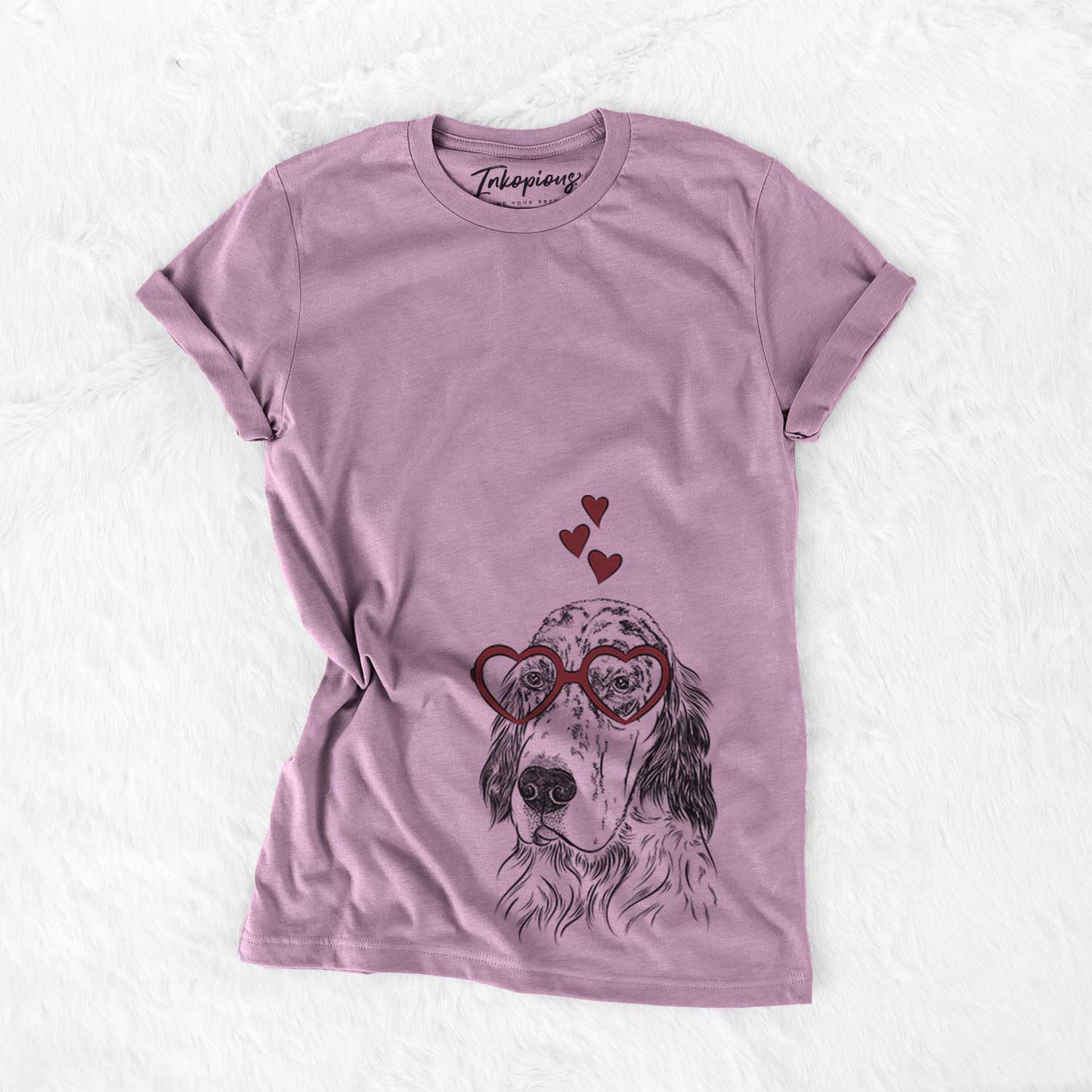 Hand-drawn sketch of Hutch the English Setter wearing heart-shaped glasses on an Orchid Bella Canvas Unisex Crewneck