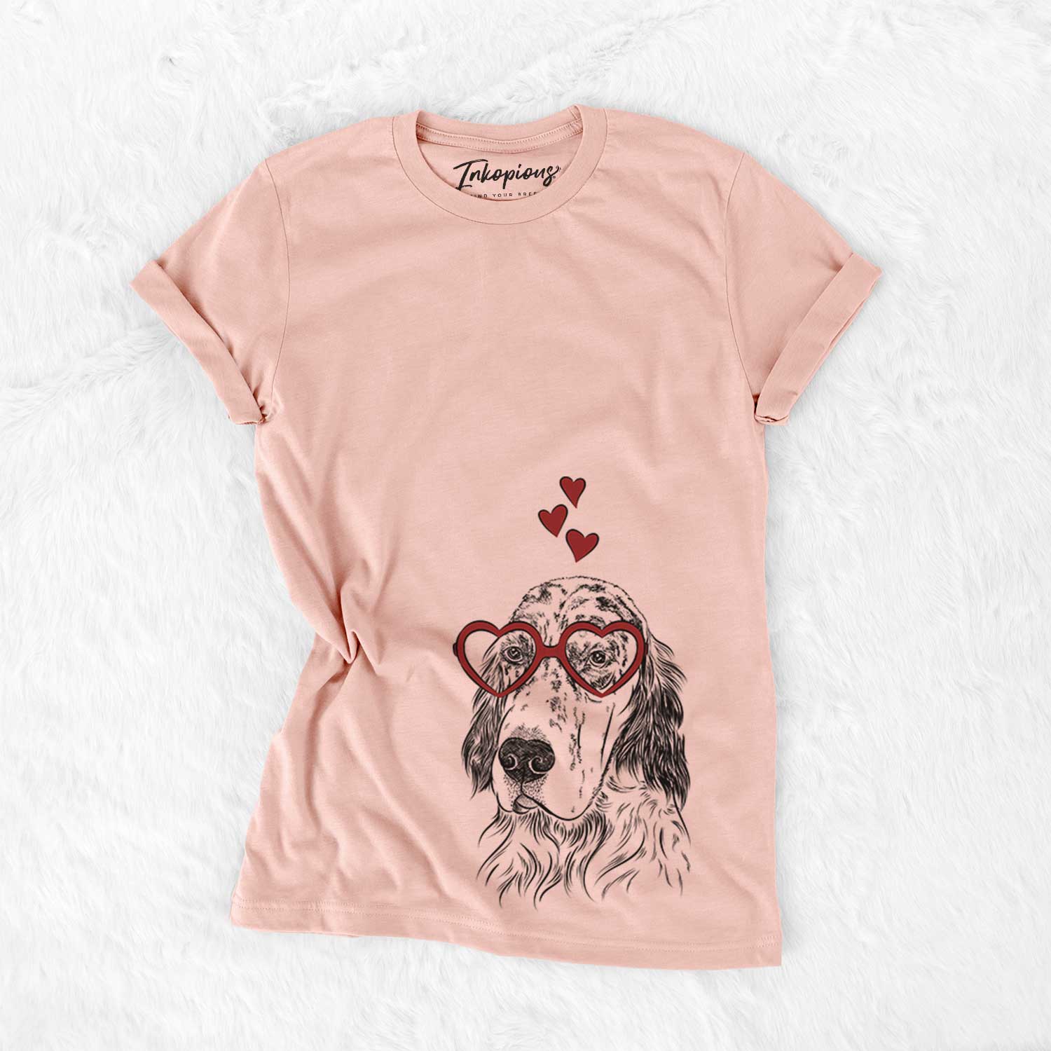Hand-drawn sketch of Hutch the English Setter wearing heart-shaped glasses on a Peach Bella Canvas Unisex Crewneck