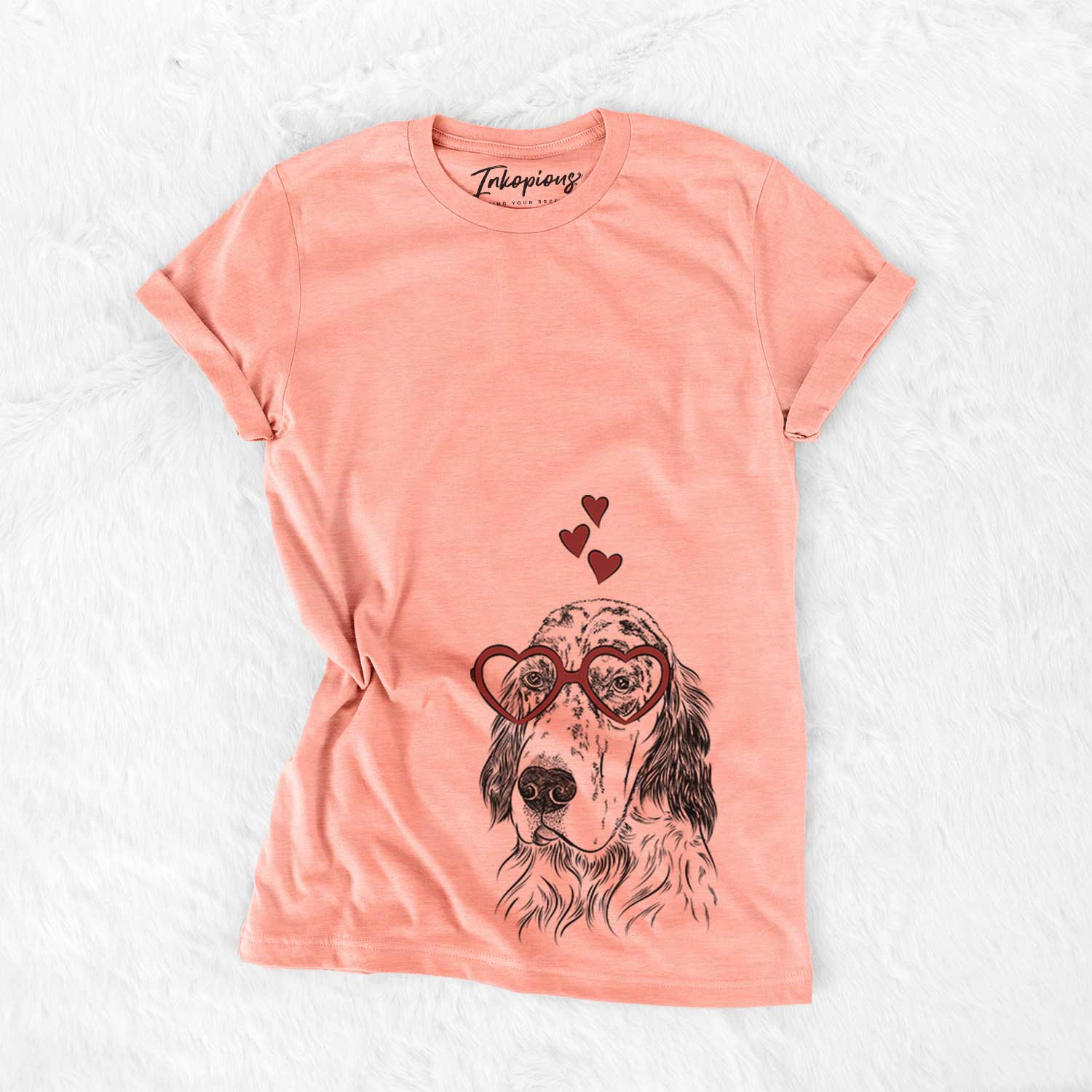 Hand-drawn sketch of Hutch the English Setter wearing heart-shaped glasses on a Sunset Bella Canvas Unisex Crewneck