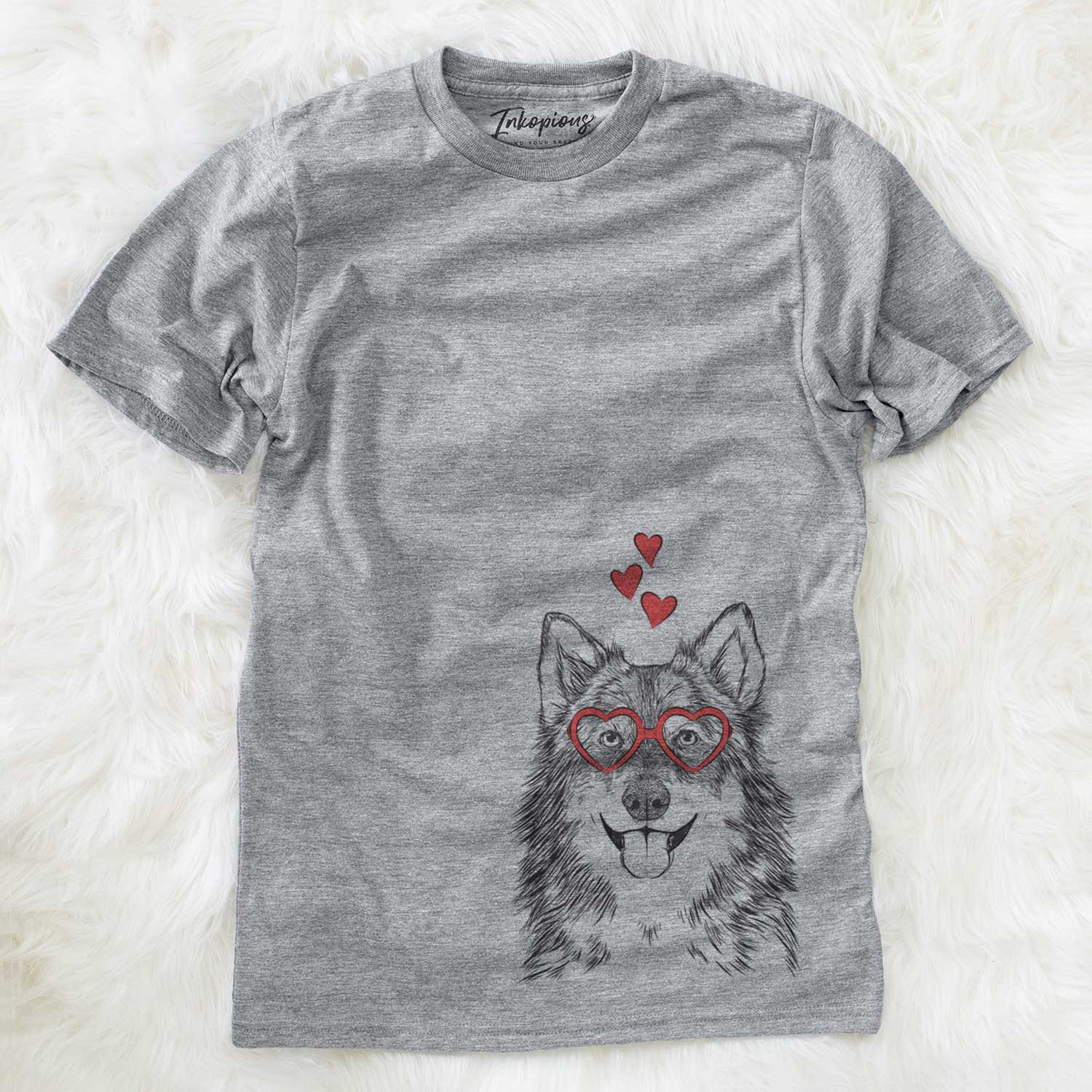 Hand-drawn sketch of Iben the Utonagan wearing heart-shaped glasses on a Grey Unisex crewneck