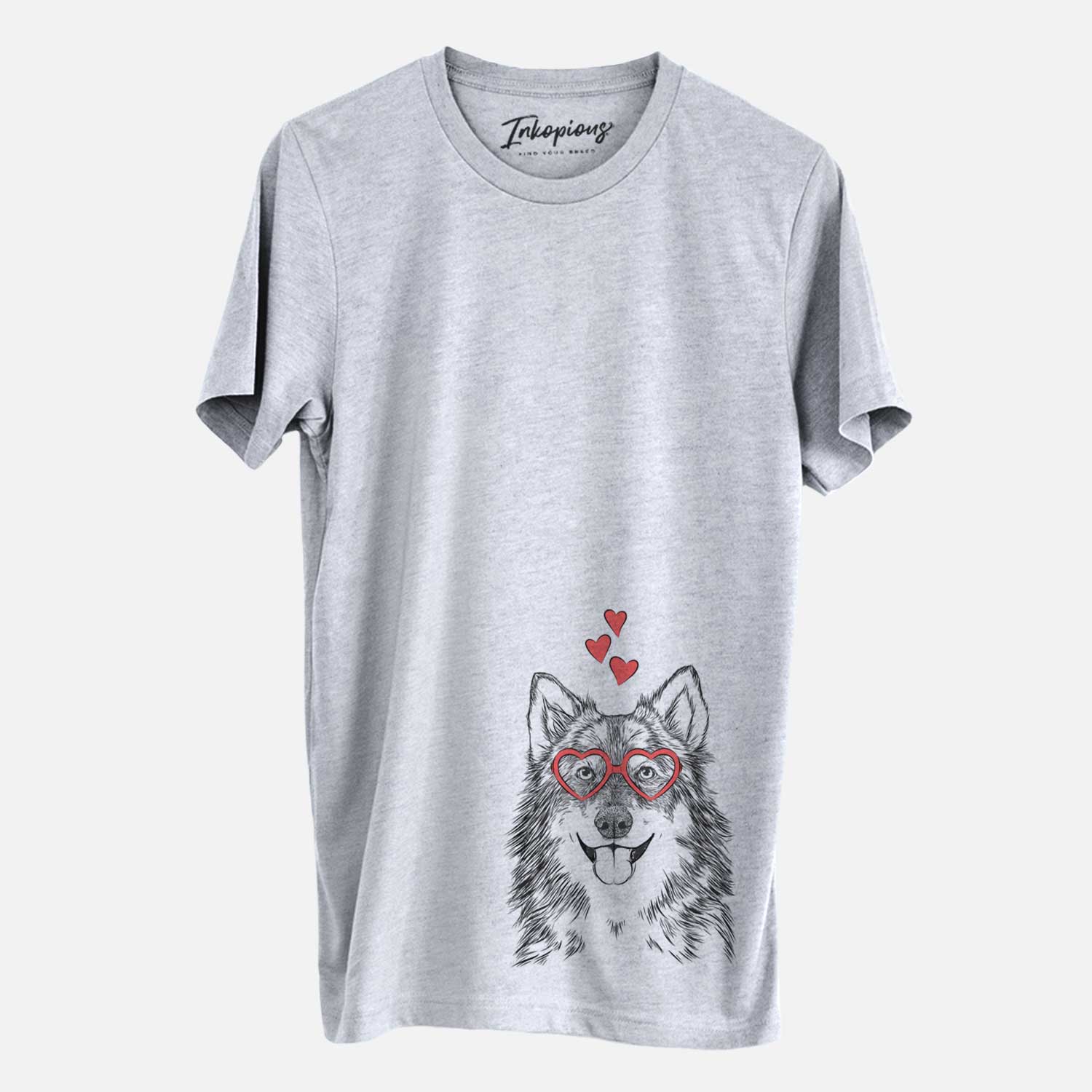 Hand-drawn sketch of Iben the Utonagan wearing heart-shaped glasses on a Grey Unisex crewneck