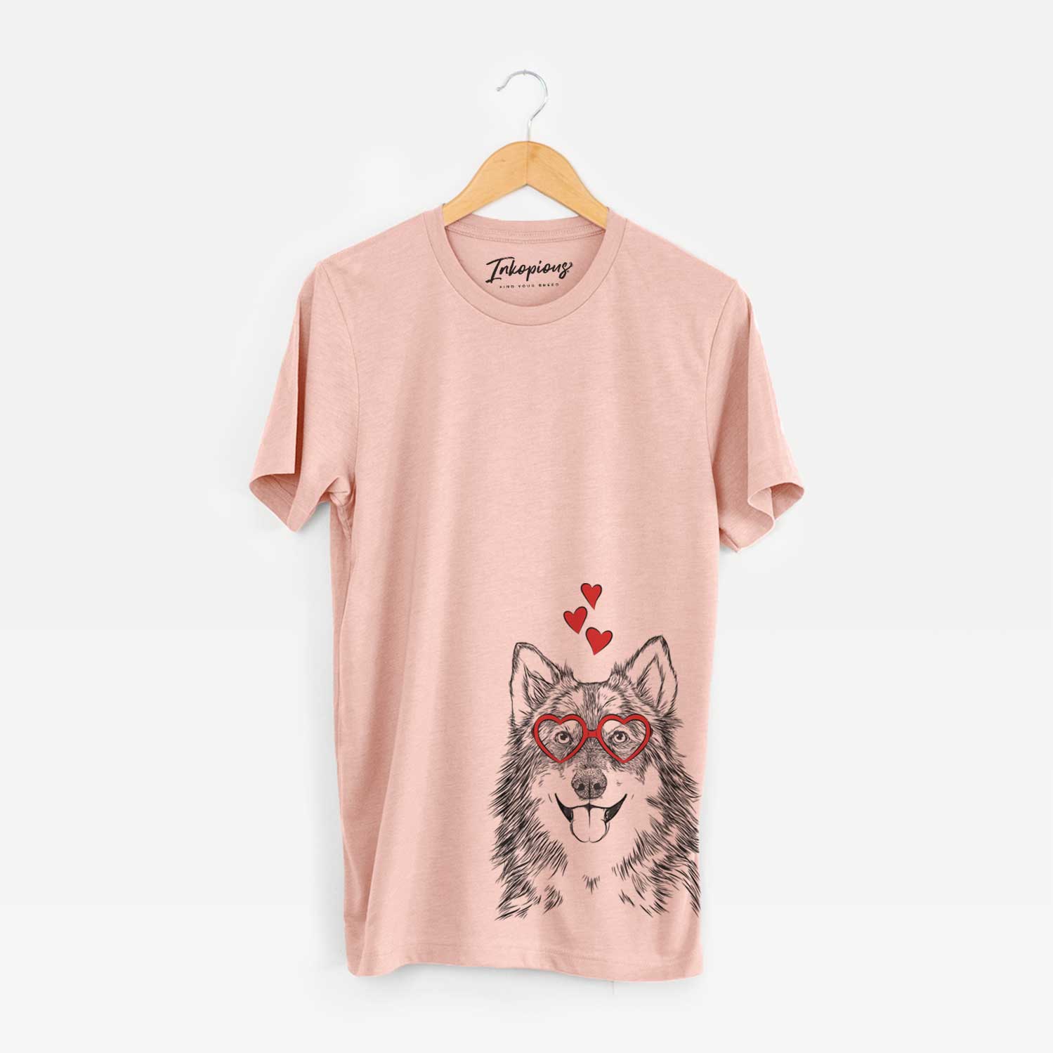 Hand-drawn sketch of Iben the Utonagan wearing heart-shaped glasses on a Peach Unisex crewneck