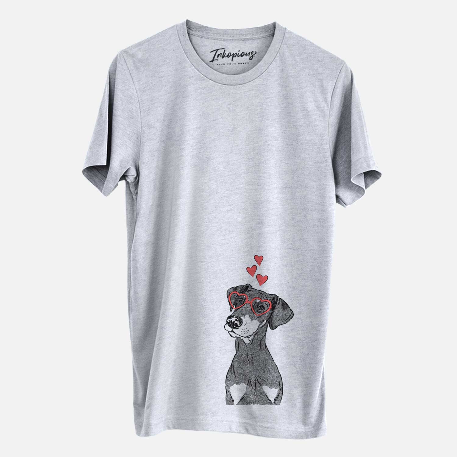 Hand-drawn sketch of Iroh the Doberman Pinscher wearing heart-shaped glasses on a Grey Unisex crewneck