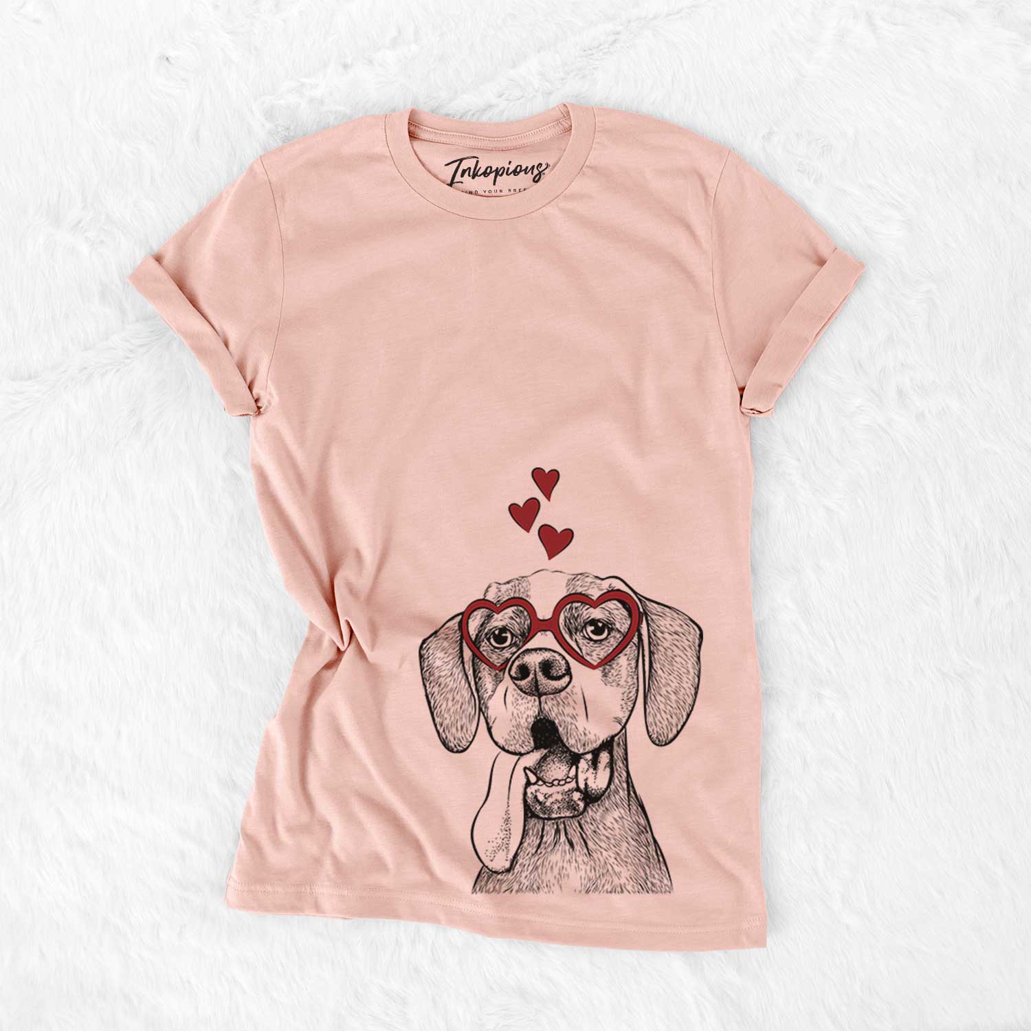 Hand-drawn sketch of Irwin the English Pointer wearing heart-shaped glasses on a Peach Bella Canvas Unisex Crewneck