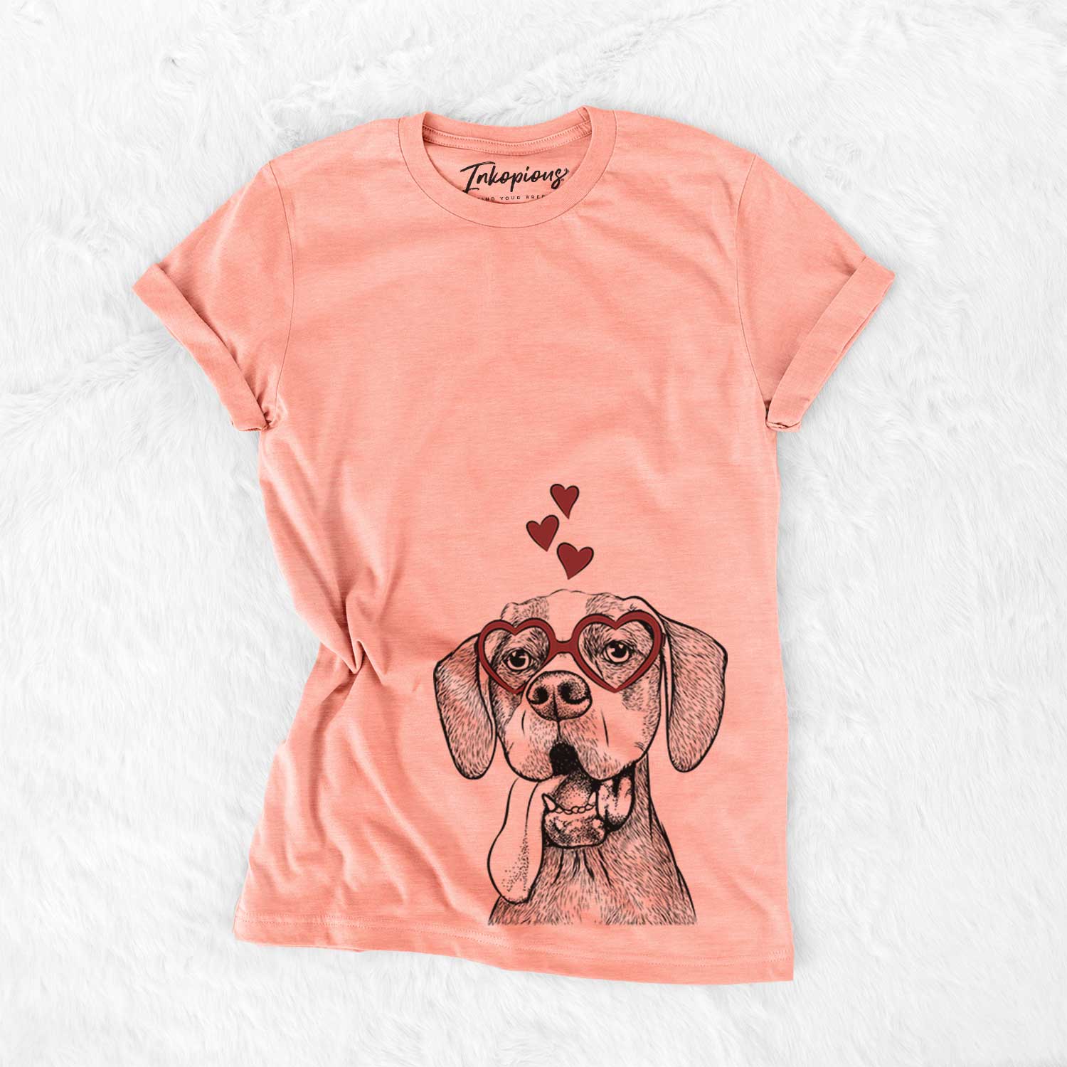 Hand-drawn sketch of Irwin the English Pointer wearing heart-shaped glasses on a Sunset Bella Canvas Unisex Crewneck