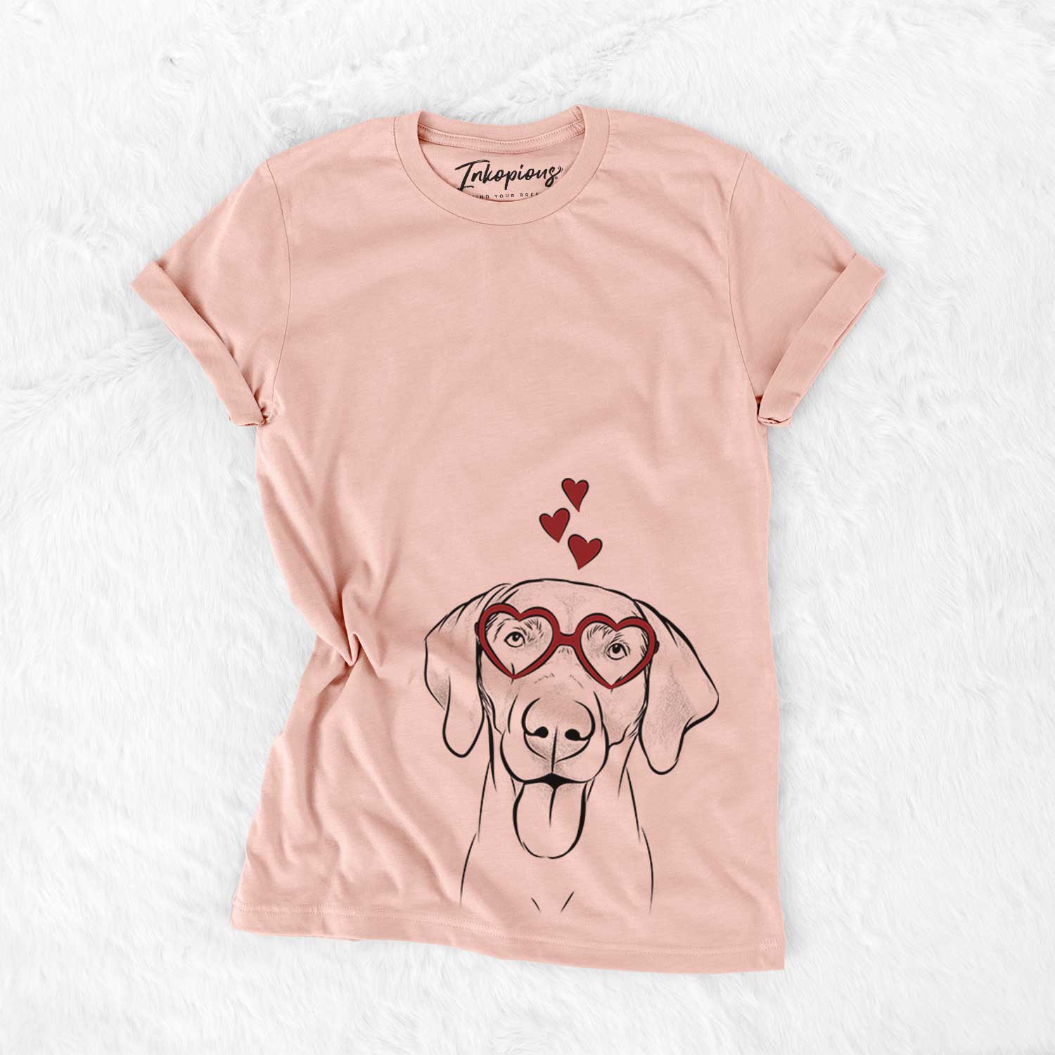Hand-drawn sketch of Jackson the Weimaraner wearing heart-shaped glasses on a Peach Bella Canvas Unisex Crewneck
