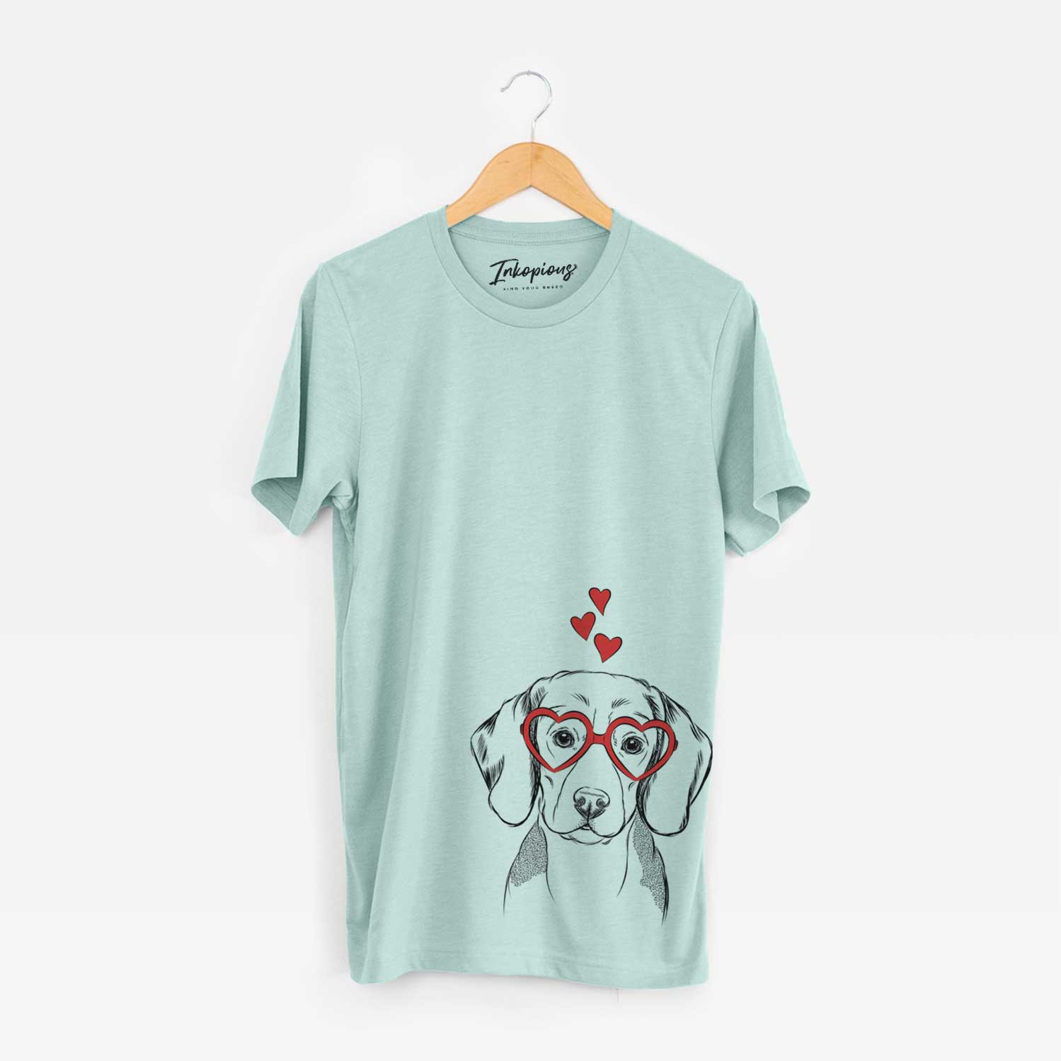 Hand-drawn sketch of Jake the Beagle wearing heart-shaped glasses on a Heather Sage Bella Canvas Unisex Crewneck