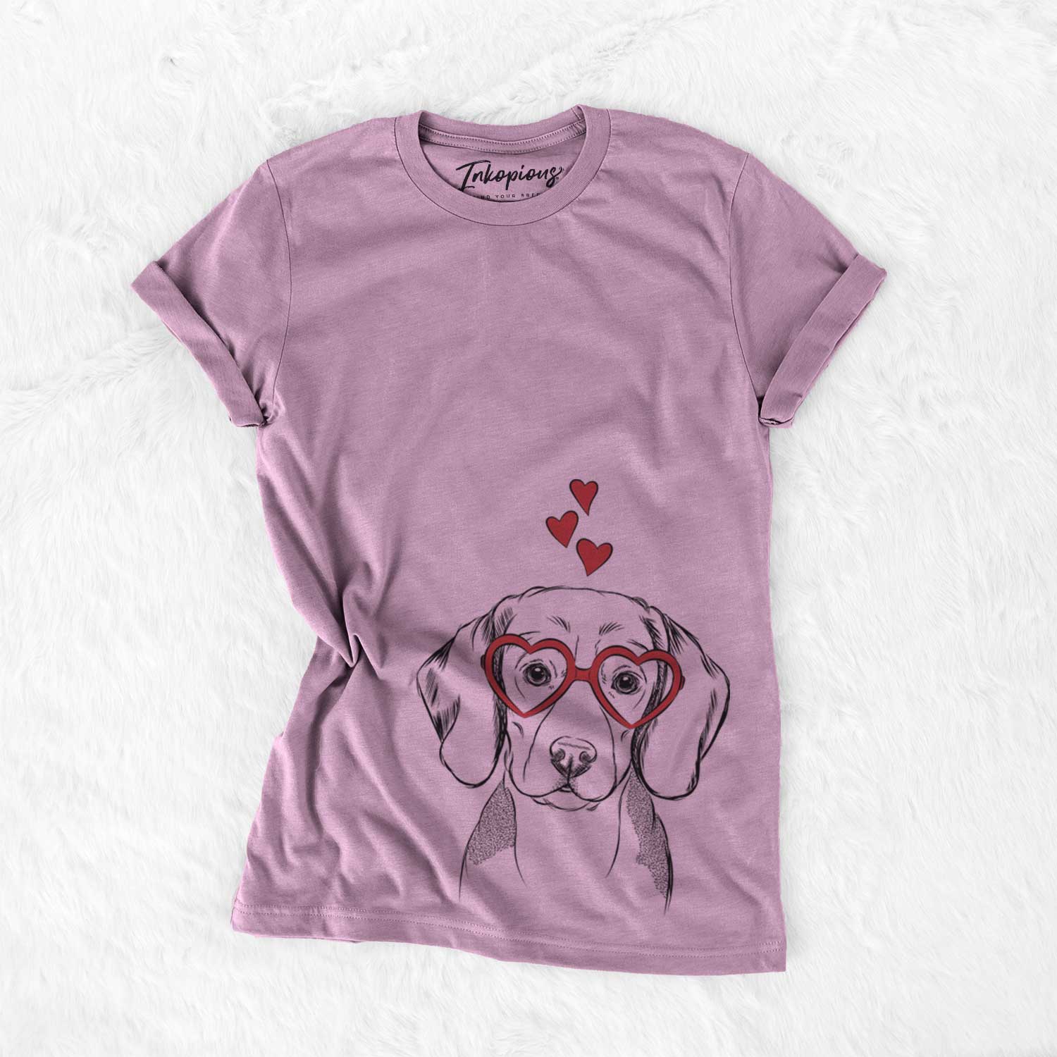 Hand-drawn sketch of Jake the Beagle wearing heart-shaped glasses on an Orchid Bella Canvas Unisex Crewneck