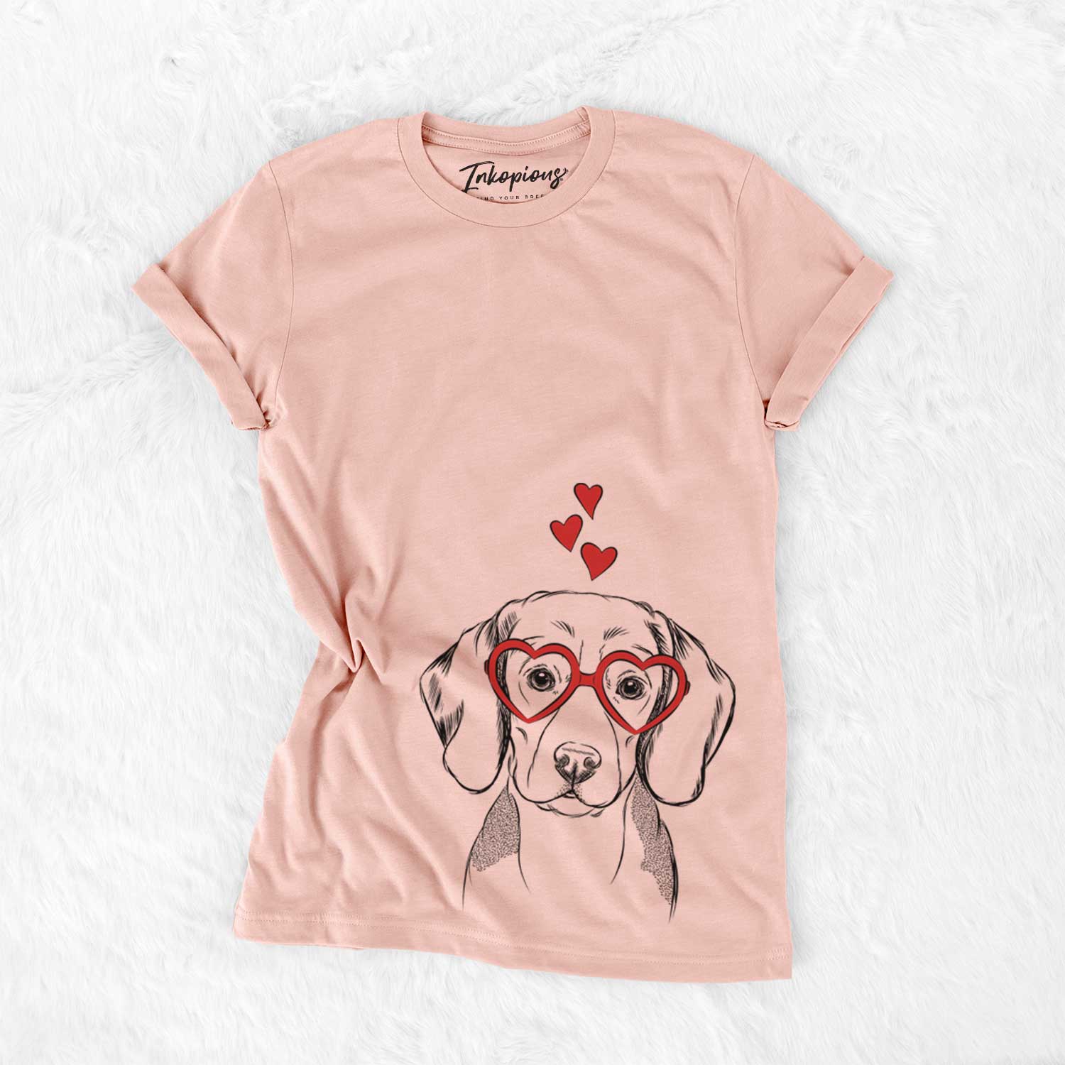 Hand-drawn sketch of Jake the Beagle wearing heart-shaped glasses on a Peach Bella Canvas Unisex Crewneck
