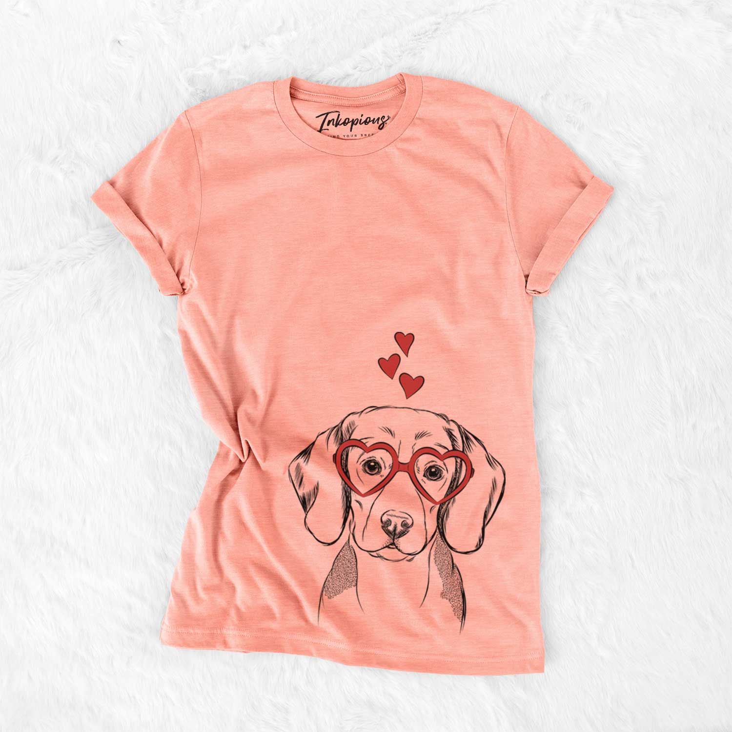 Hand-drawn sketch of Jake the Beagle wearing heart-shaped glasses on a Sunset Bella Canvas Unisex Crewneck