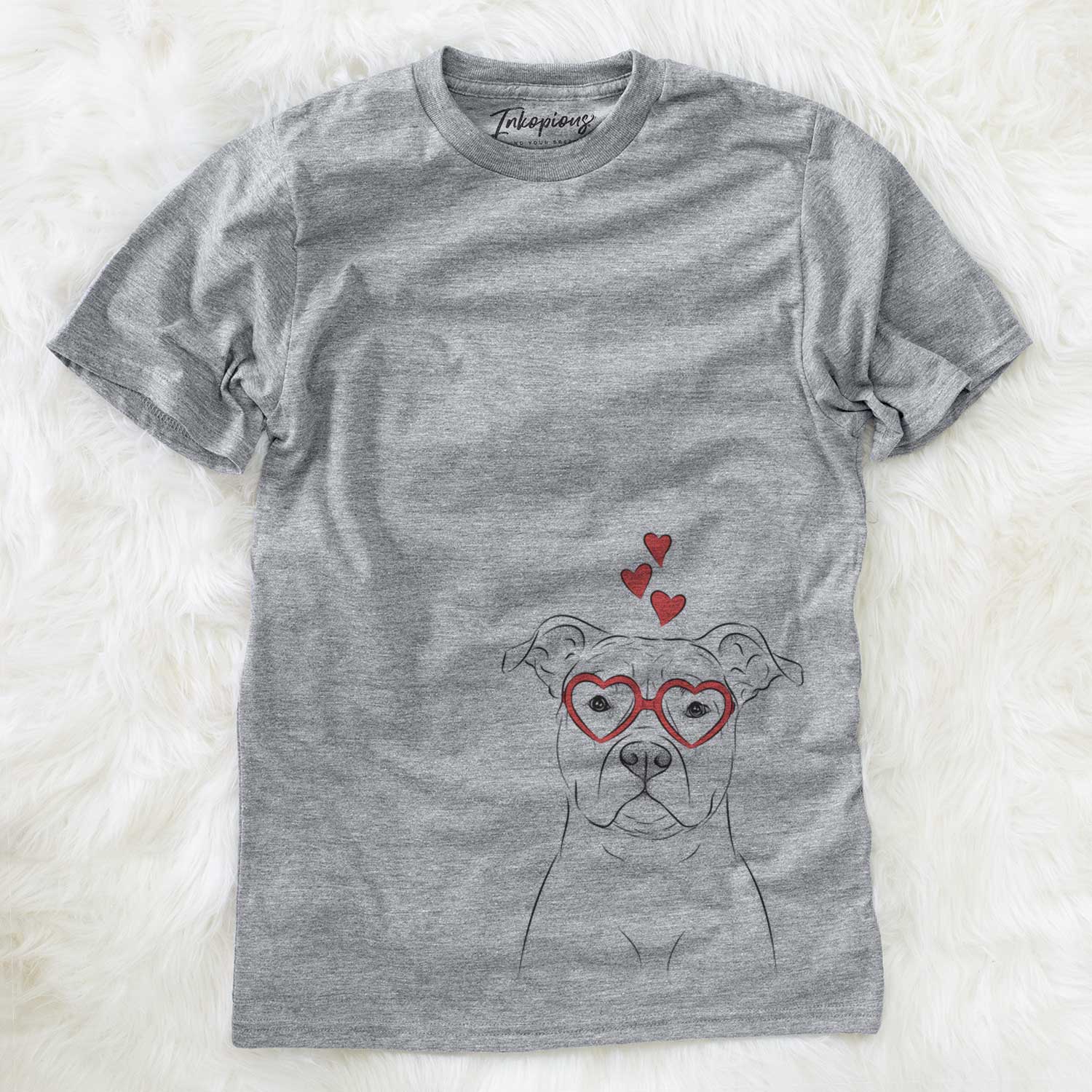 Hand-drawn sketch of Jethro the American Staffordshire Terrier wearing heart-shaped glasses on a Grey Unisex crewneck