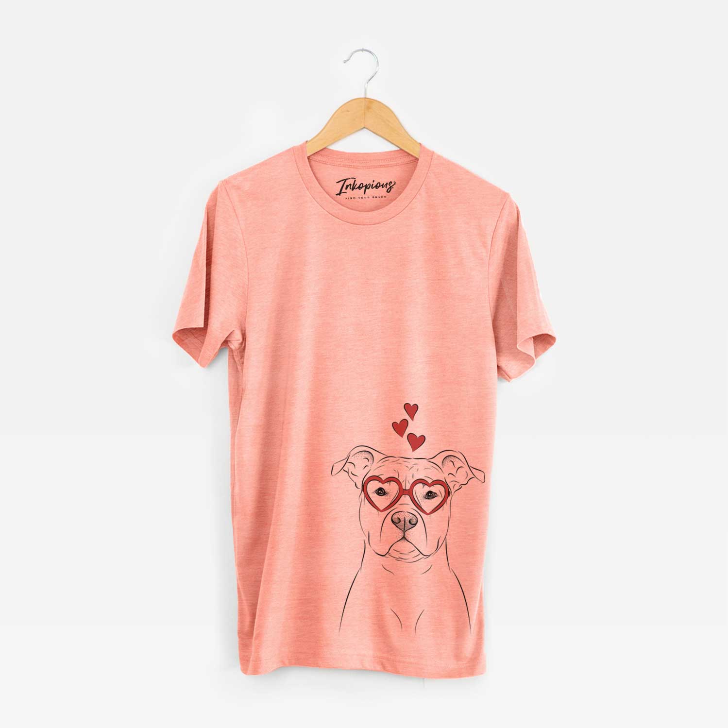 Hand-drawn sketch of Jethro the American Staffordshire Terrier wearing heart-shaped glasses on a Sunset Unisex crewneck